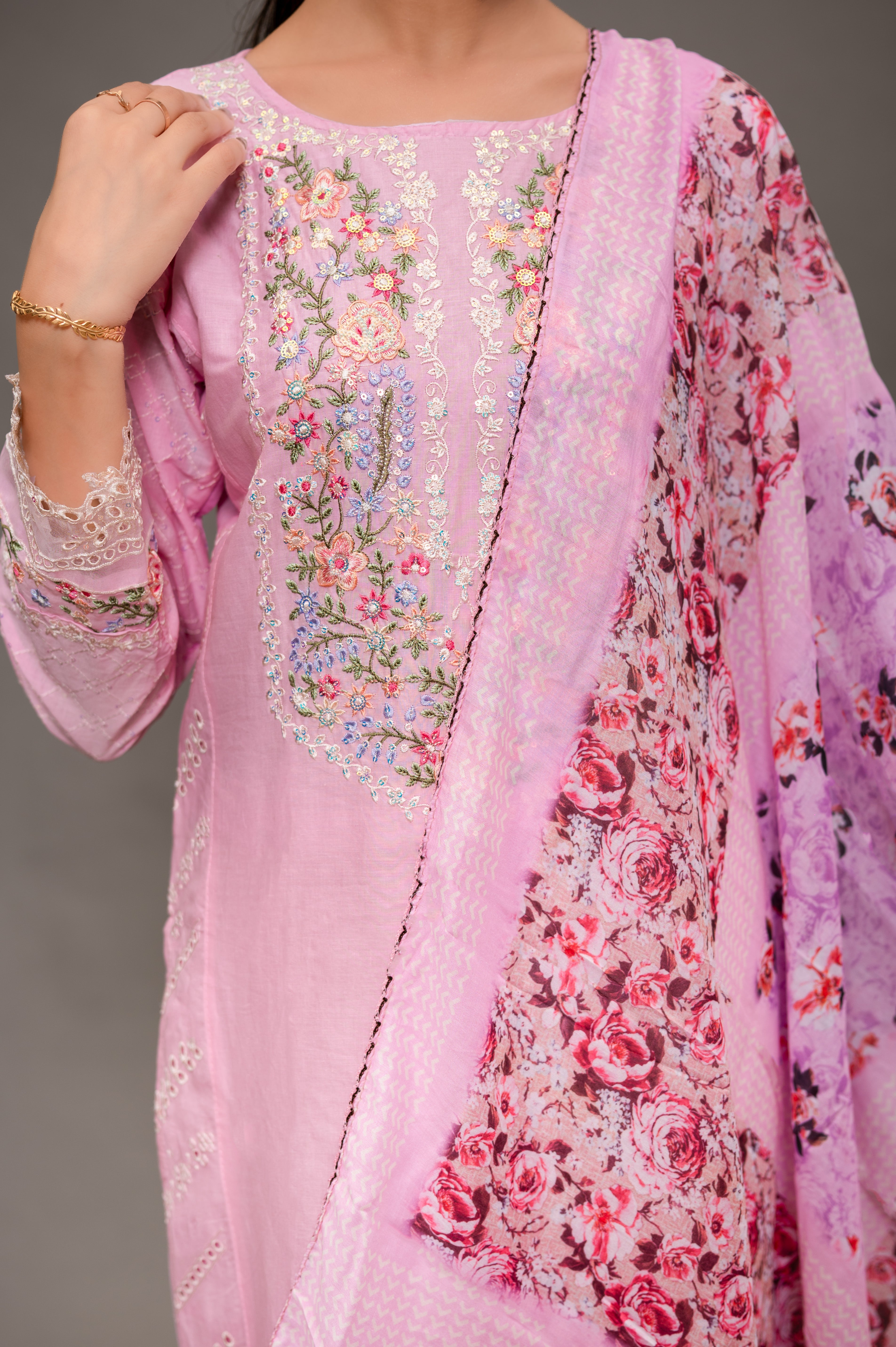 Pink Cotton Fancy Suit with Heavy Self Embroidery, Paired with a Malmal Printed Dupatta