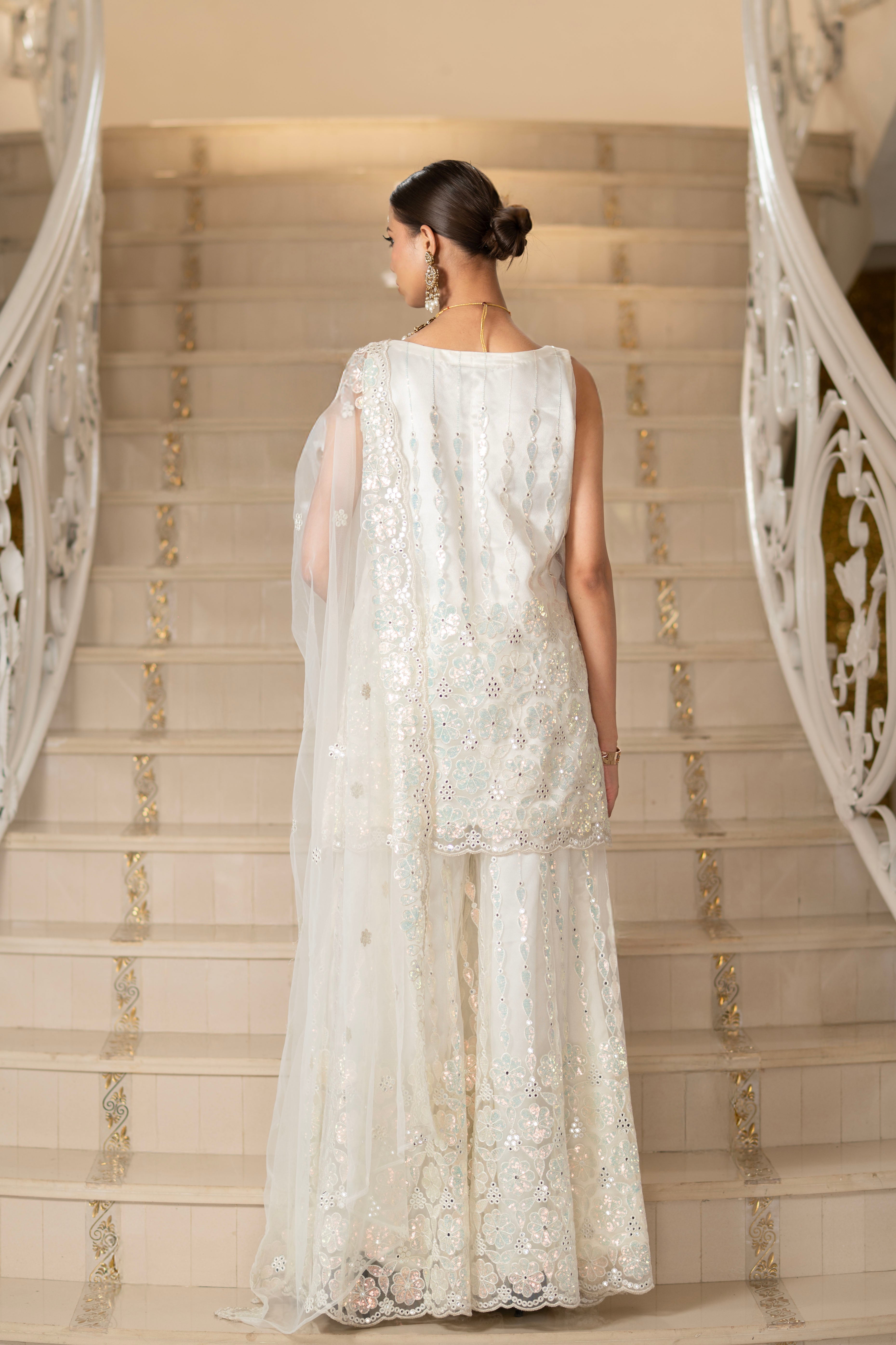 Ivory Pearl White Super Net Sleeveless  Kurta With Flared Palazzo Set