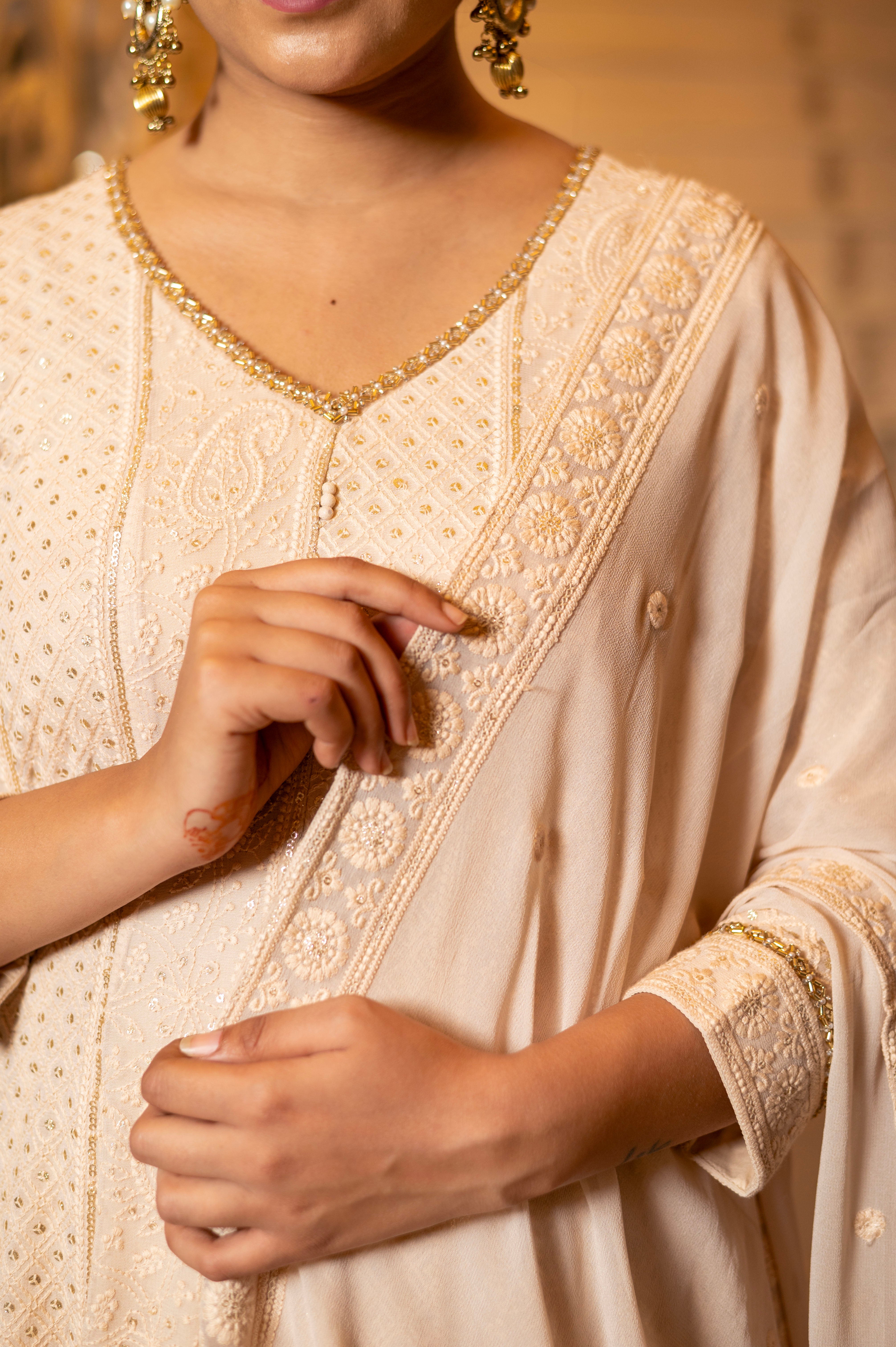 Ivory Cream Lucknowi Anarkali Kurta and Palazzo Sets