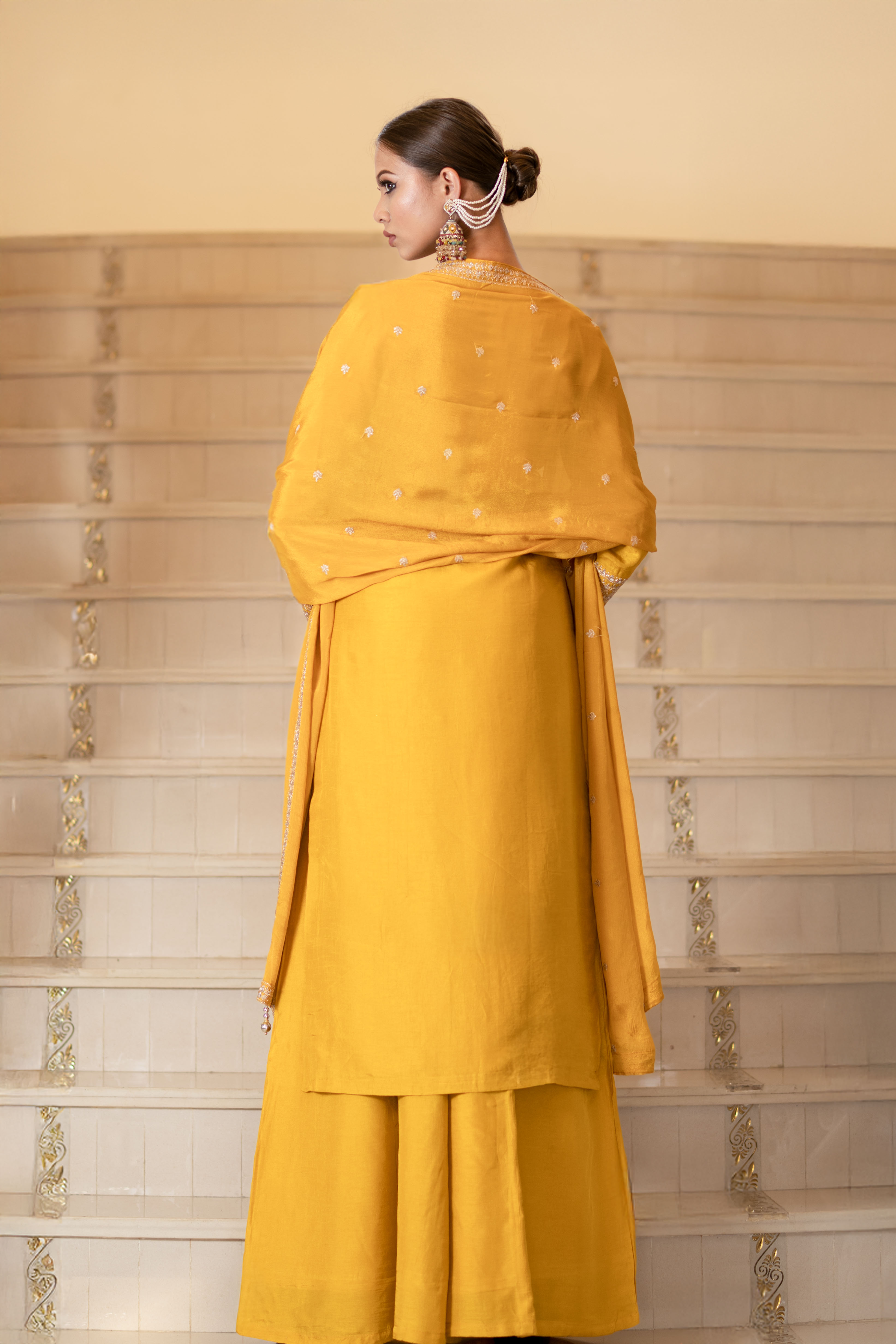 Yellow Viscose Silk Embroidered  Kurta with Flared Palazzo Set