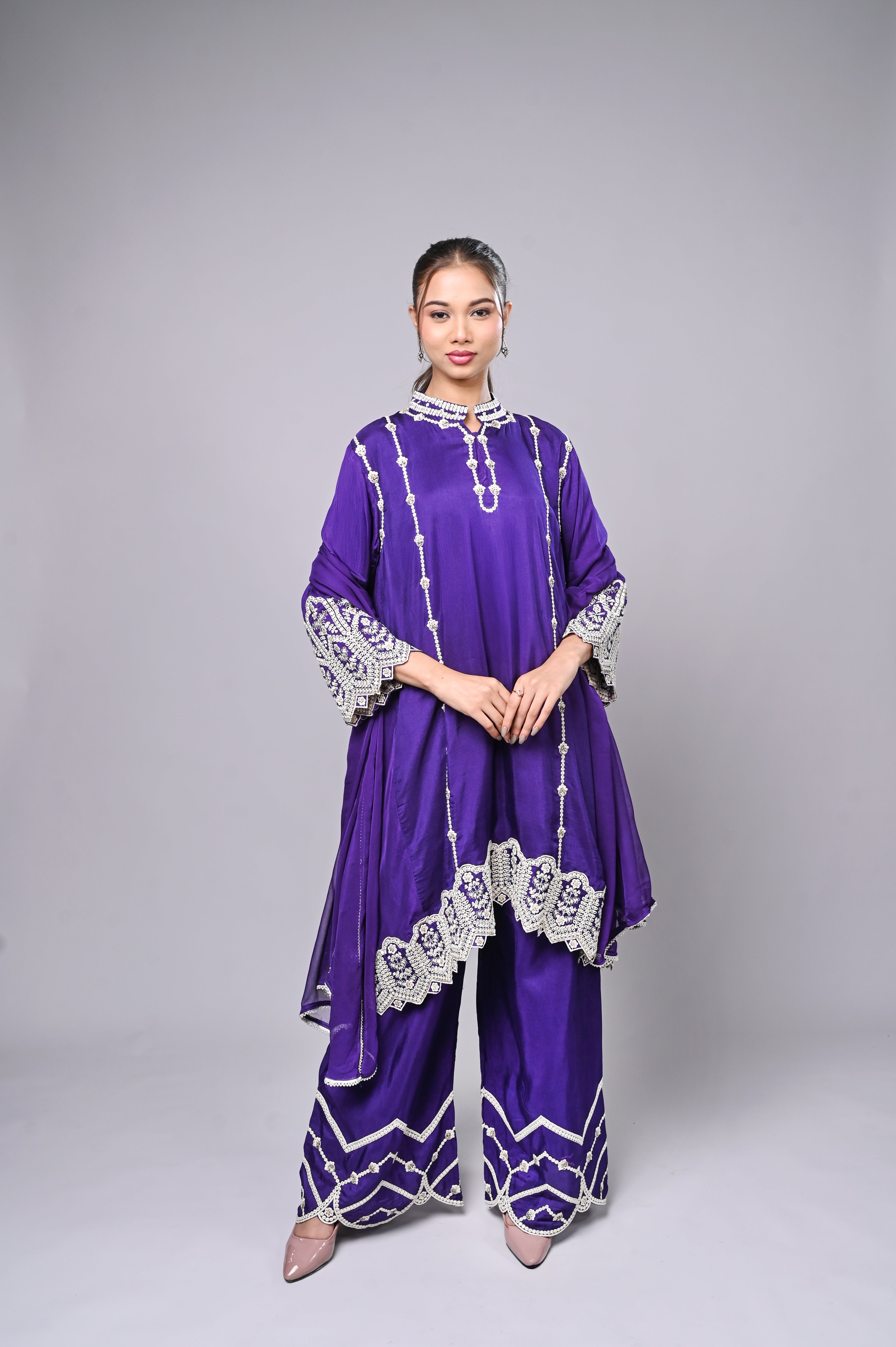 Purple Palazzo Crepe Kurta Set with Silver Embroidery