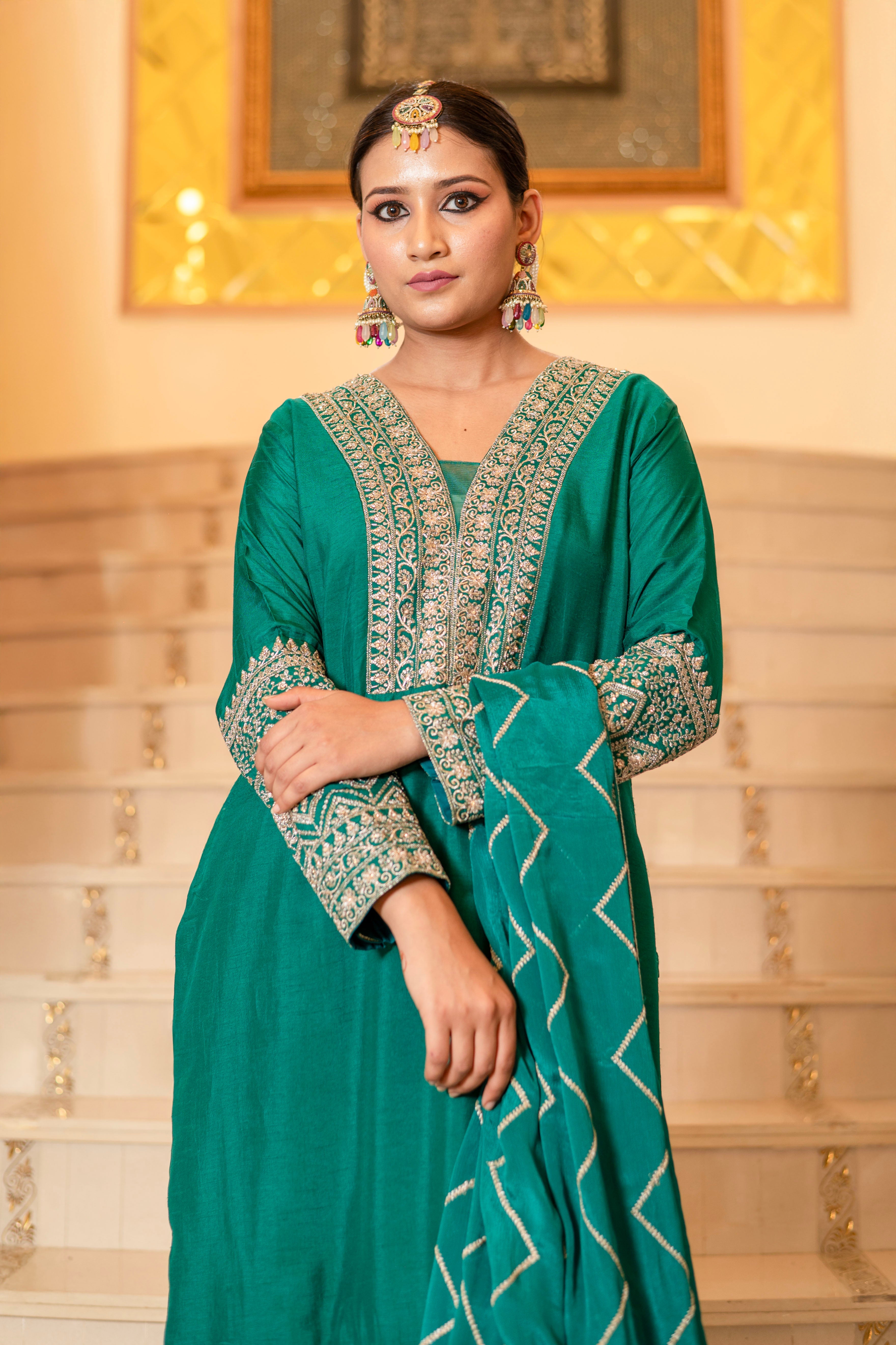 Teal Green Viscose Silk Embroidered Kurta with Flared Palazzo Set