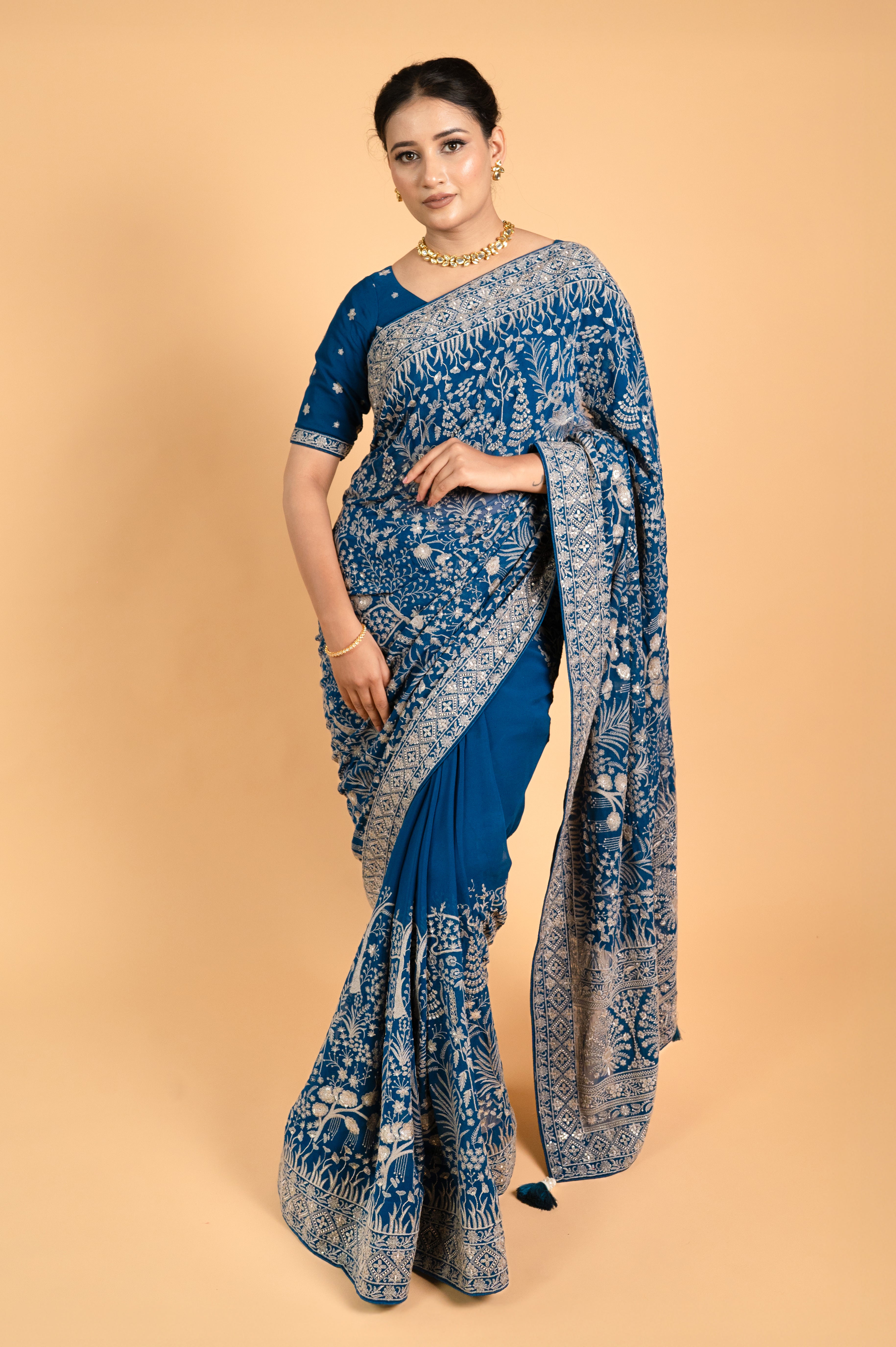 Lavender Purple Lucknowi Georgette Saree with Beautiful Tassels and Zari Work