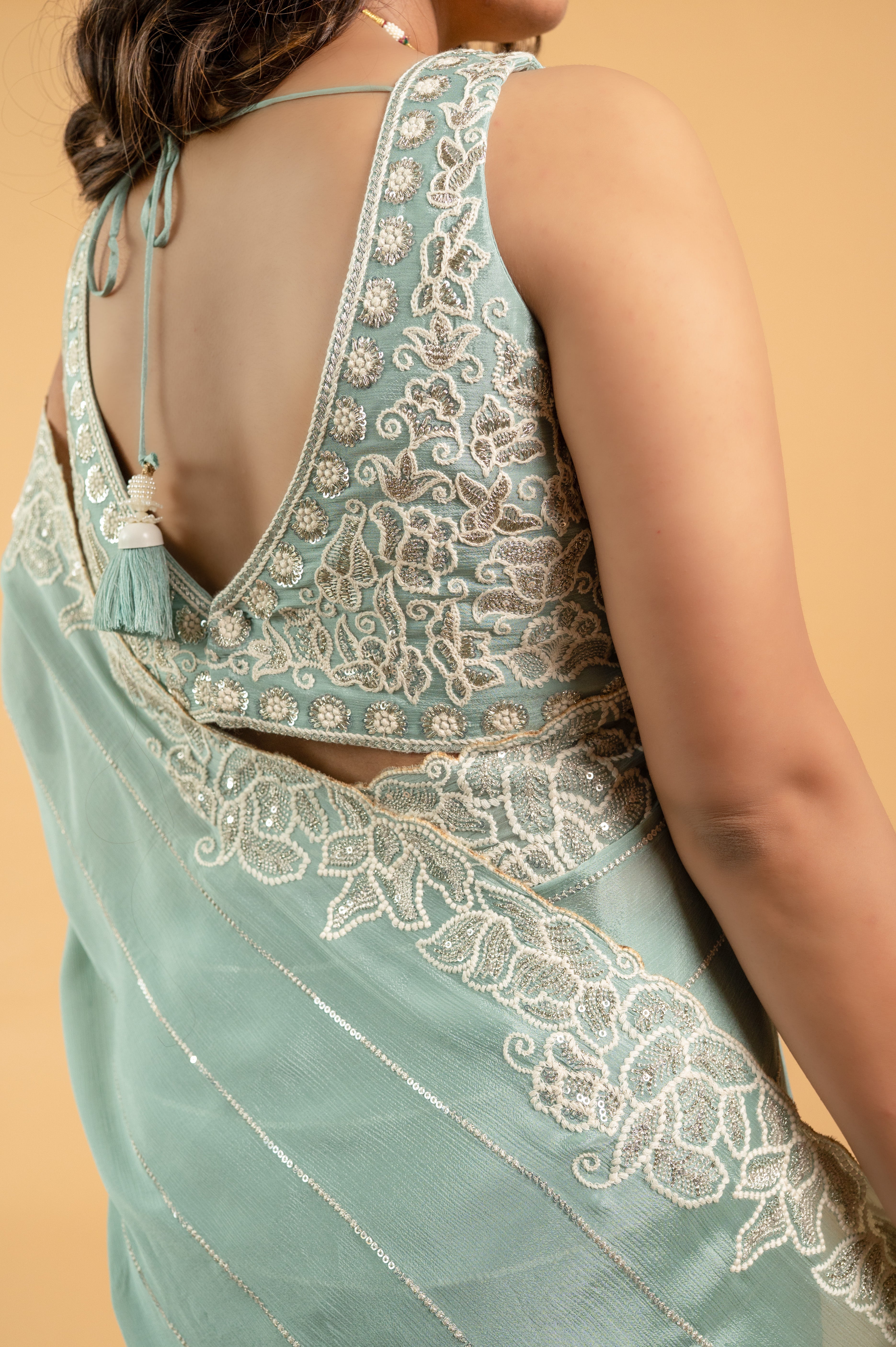 Two Blouse Concept – Sea Blue Designer Georgette Saree with White and Silver Embroidery