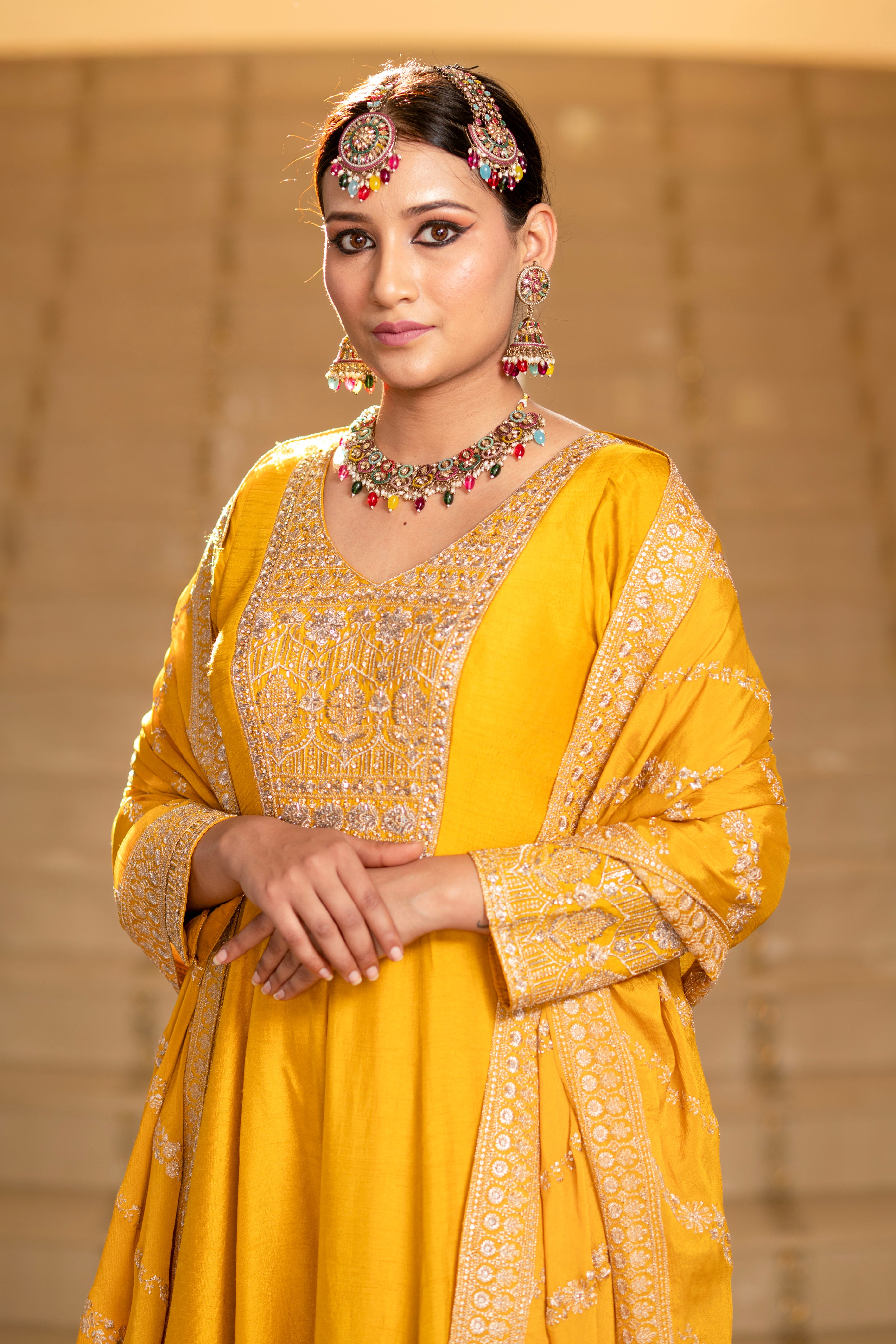 Yellow Viscose Silk Zari Embroidered Floor Length Anarkali Set
