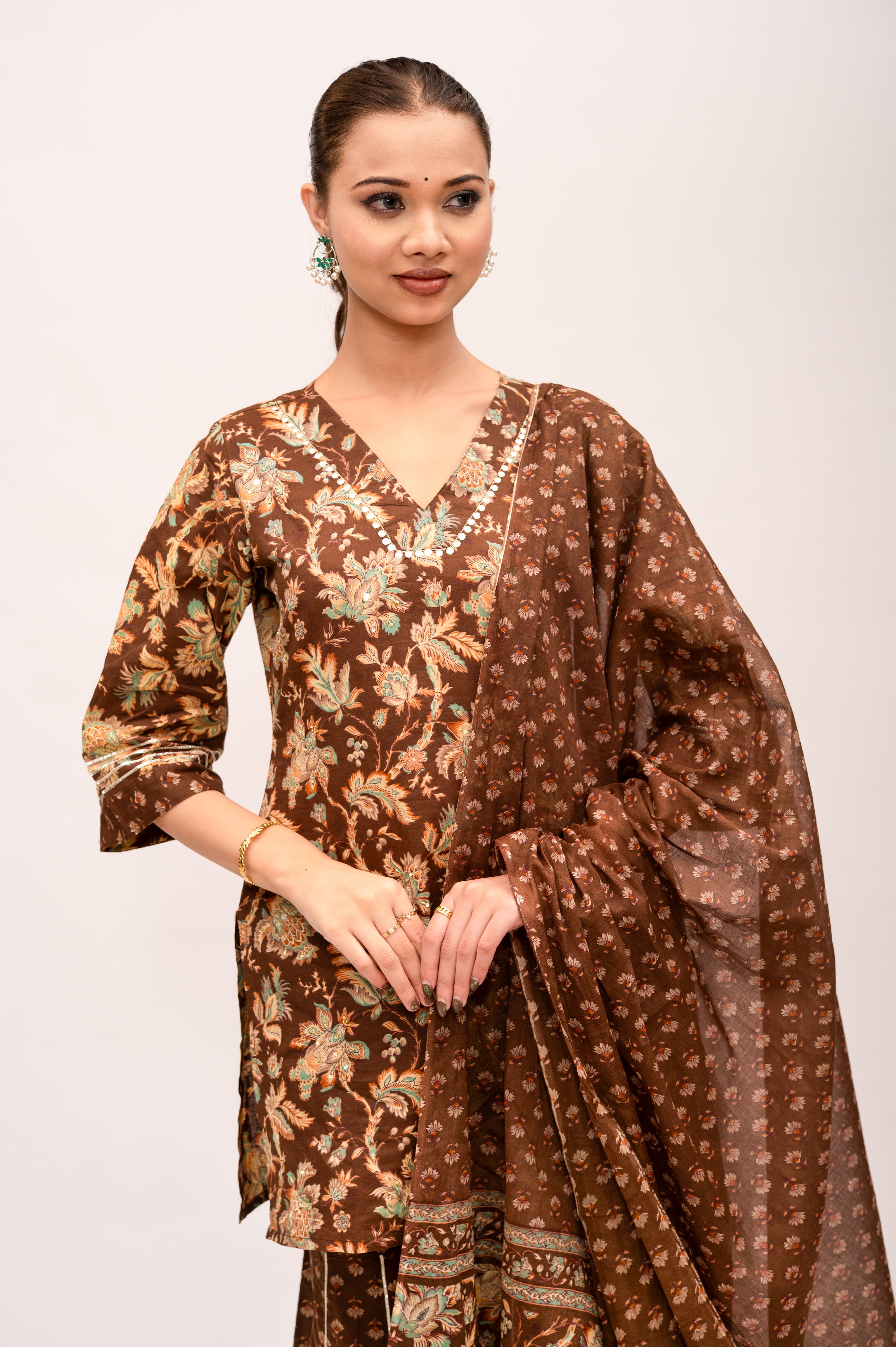 Brown Mal Cotton Floral Print Sharara Suit with Mirror Embroidery