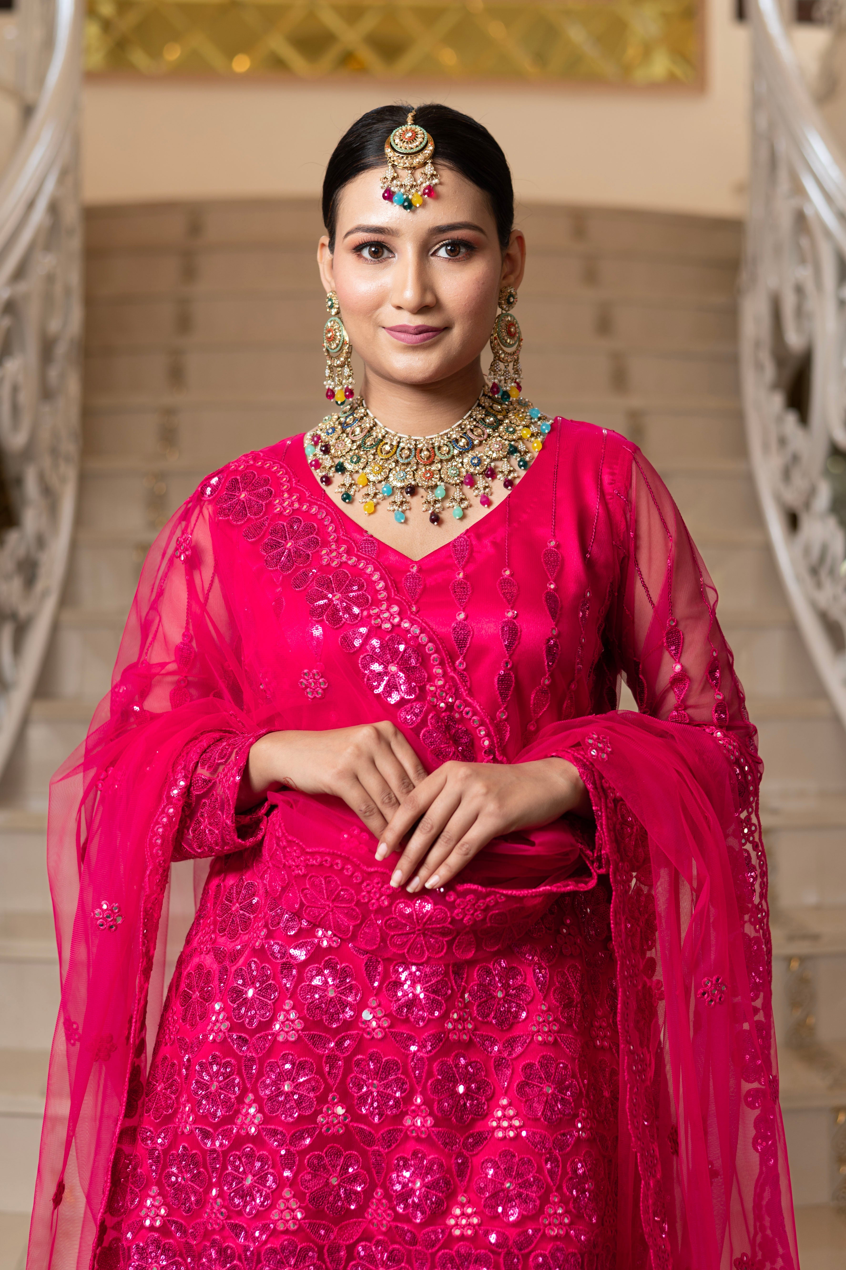 Fuchsia Pink Super Net Full Sleeve Kurta With Flared Palazzo Sets