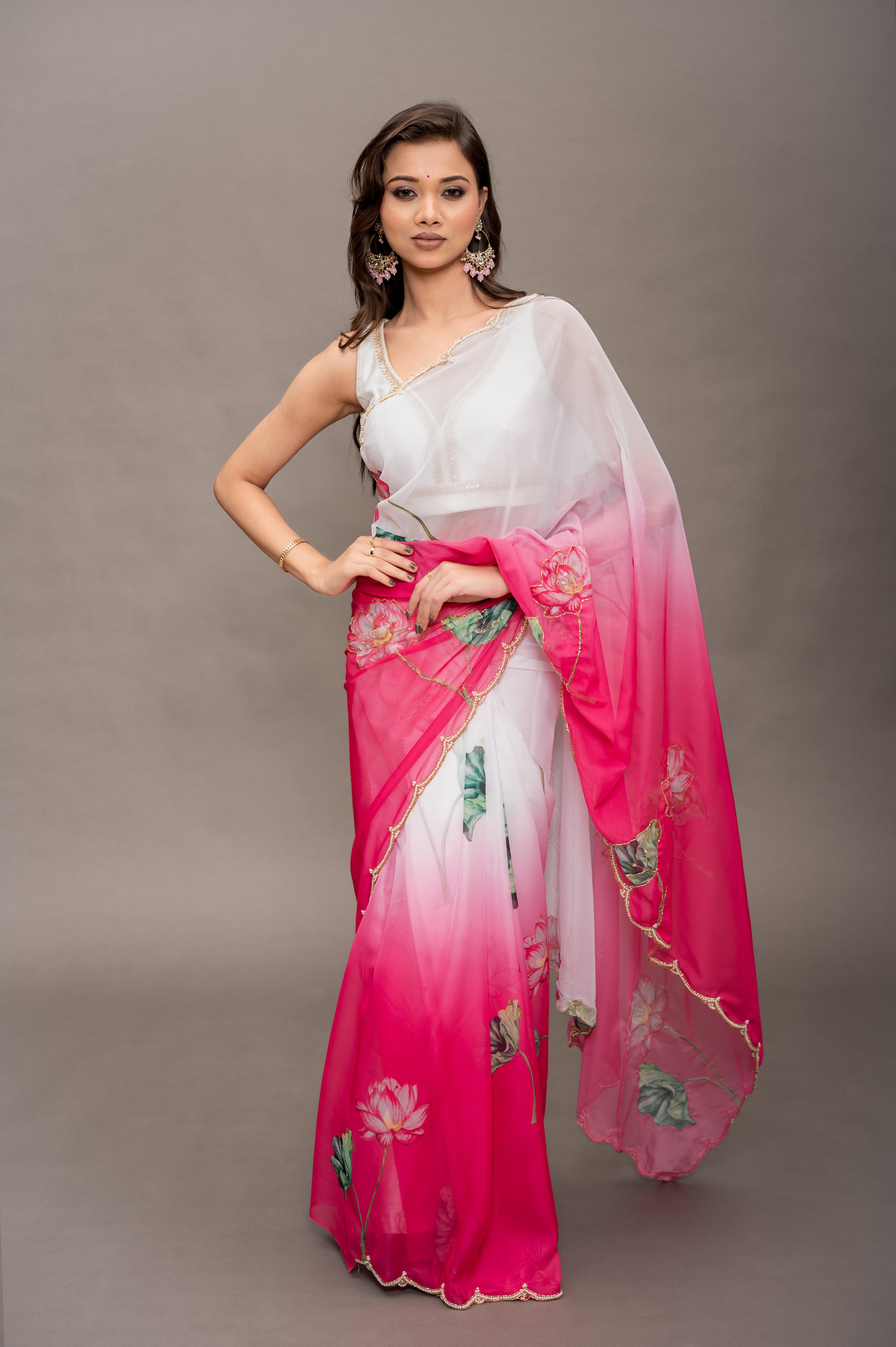 Light Purple Soft Tebi Silk Shaded Saree with Floral Digital Print & Moti Handwork Border
