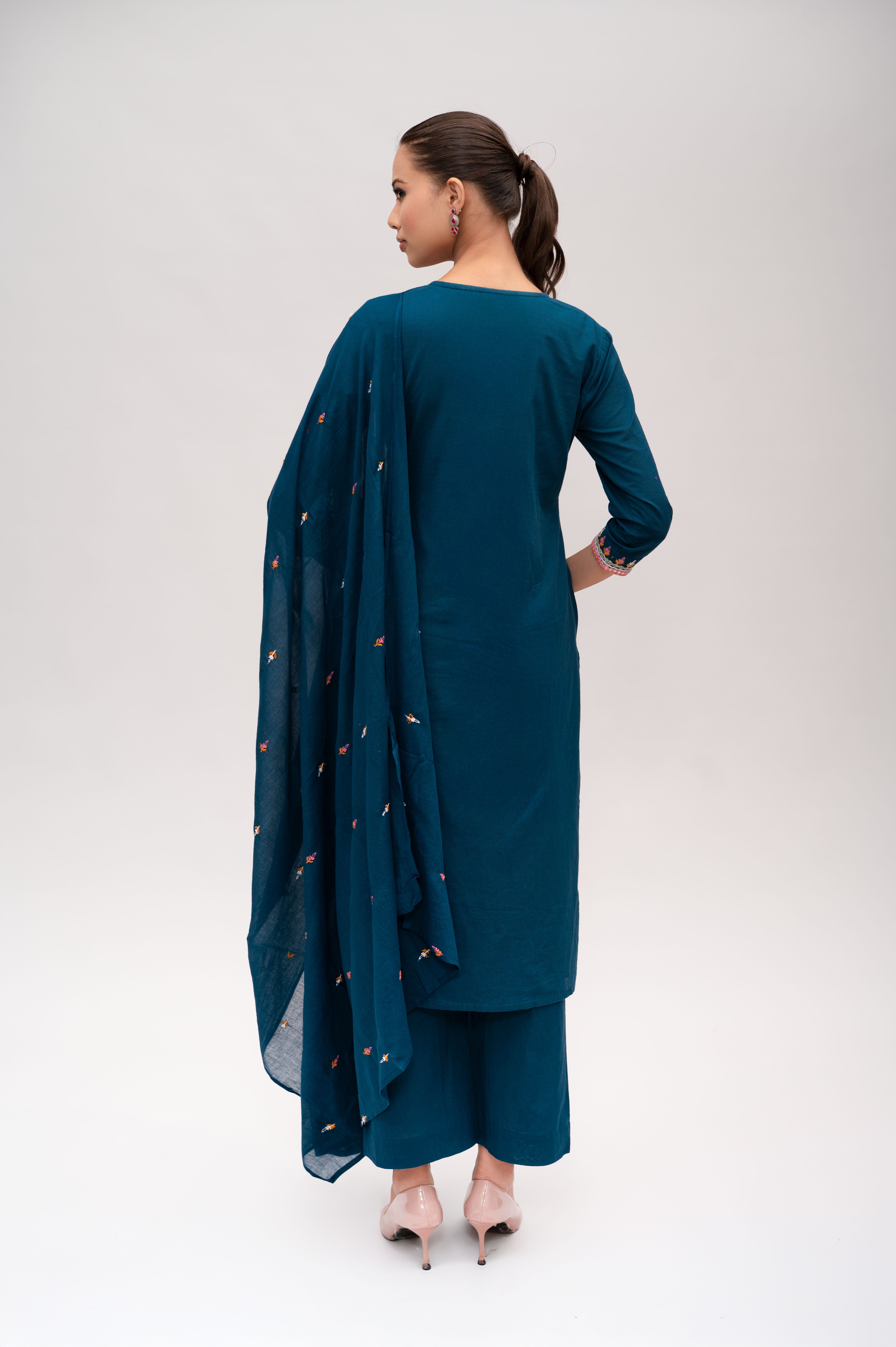 Teal blue Mal Cotton Straight Suit with Pant & Dupatta With Thread Embroidery and Mirror Work