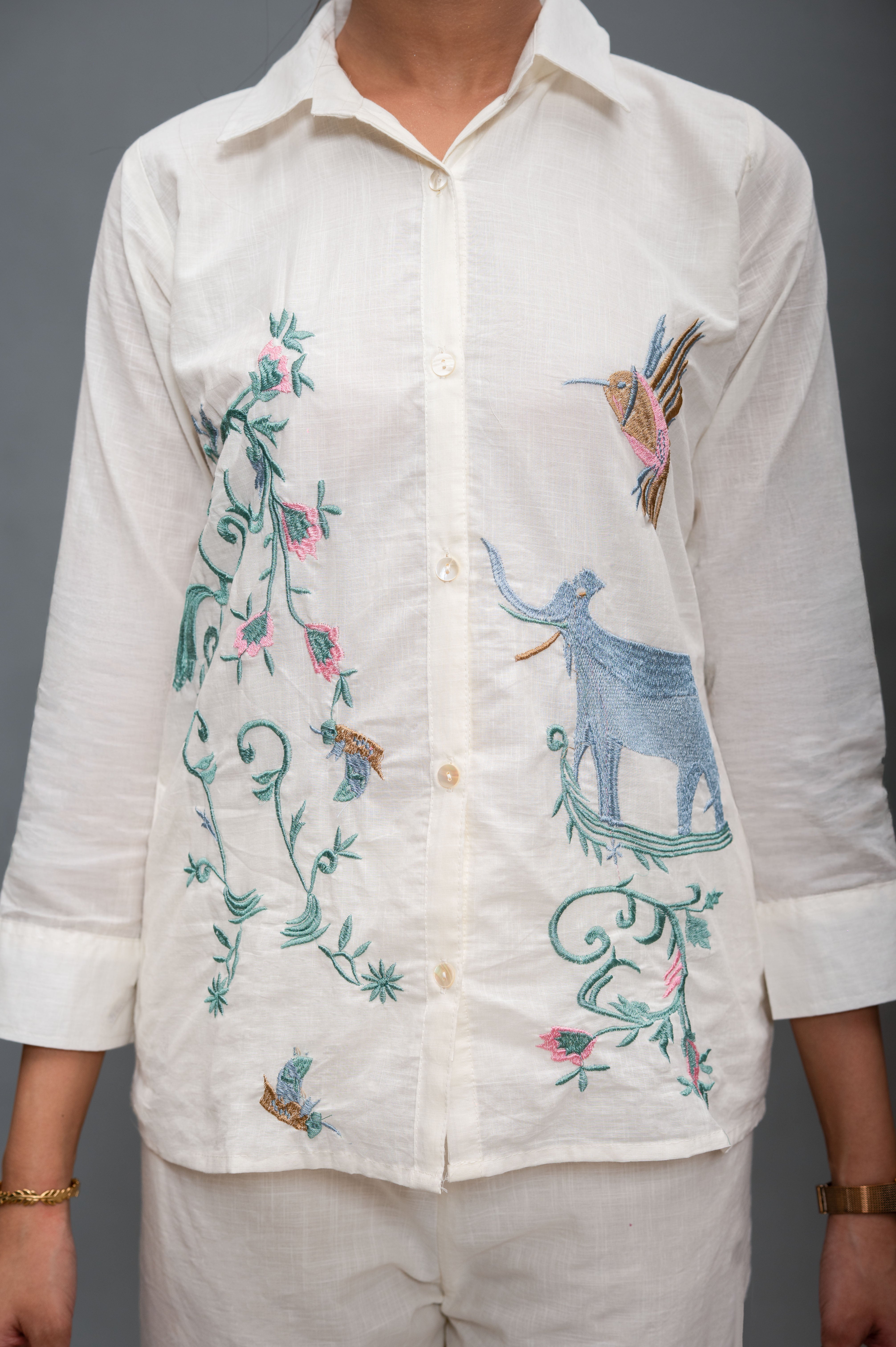 Cream White Cotton  Cord Set with Embroidery and Animal Motifs
