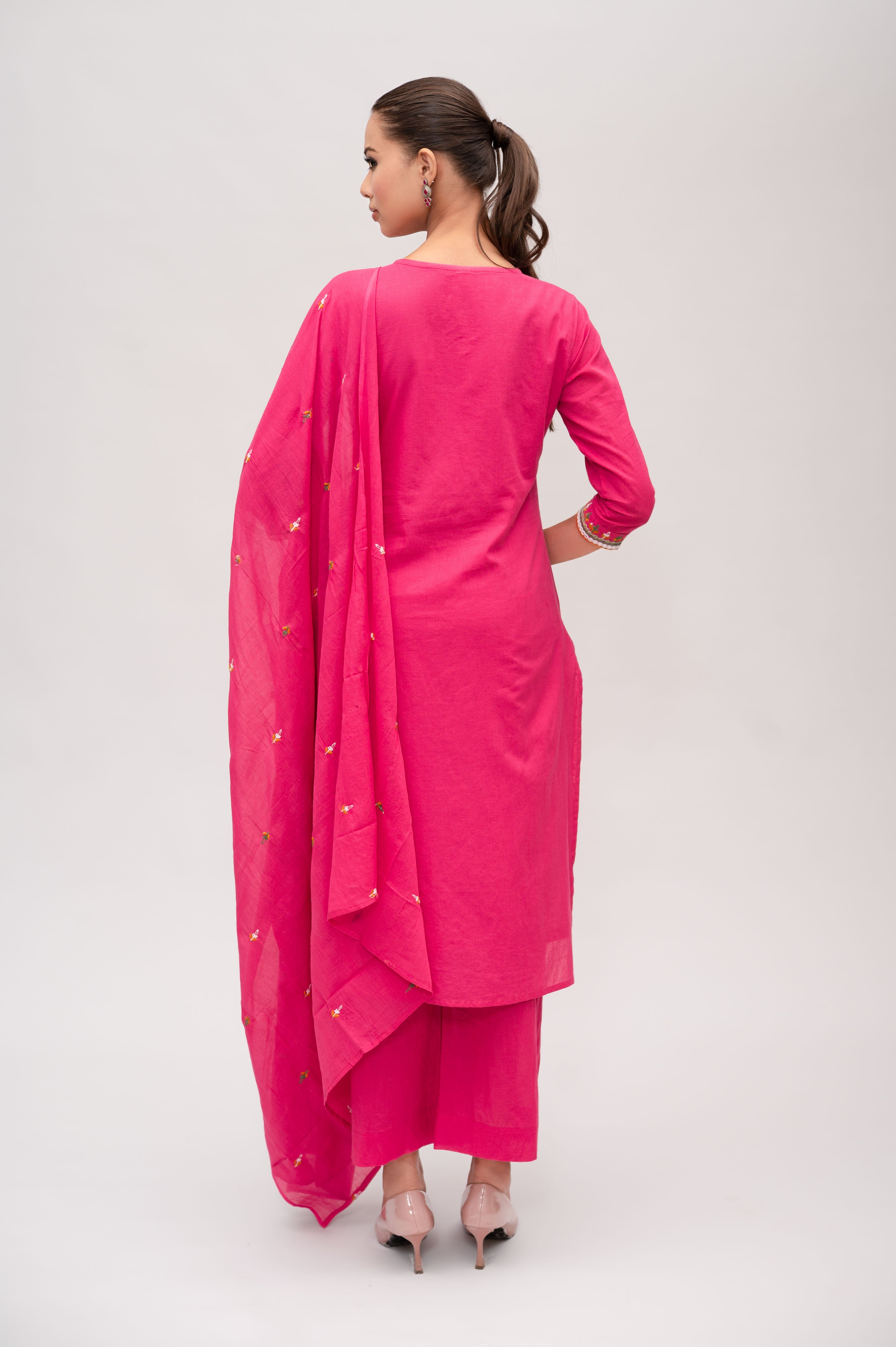 Fuchsia Pink Mal Cotton Straight Suit with Pant & Dupatta With Thread Embroidery and Mirror Work