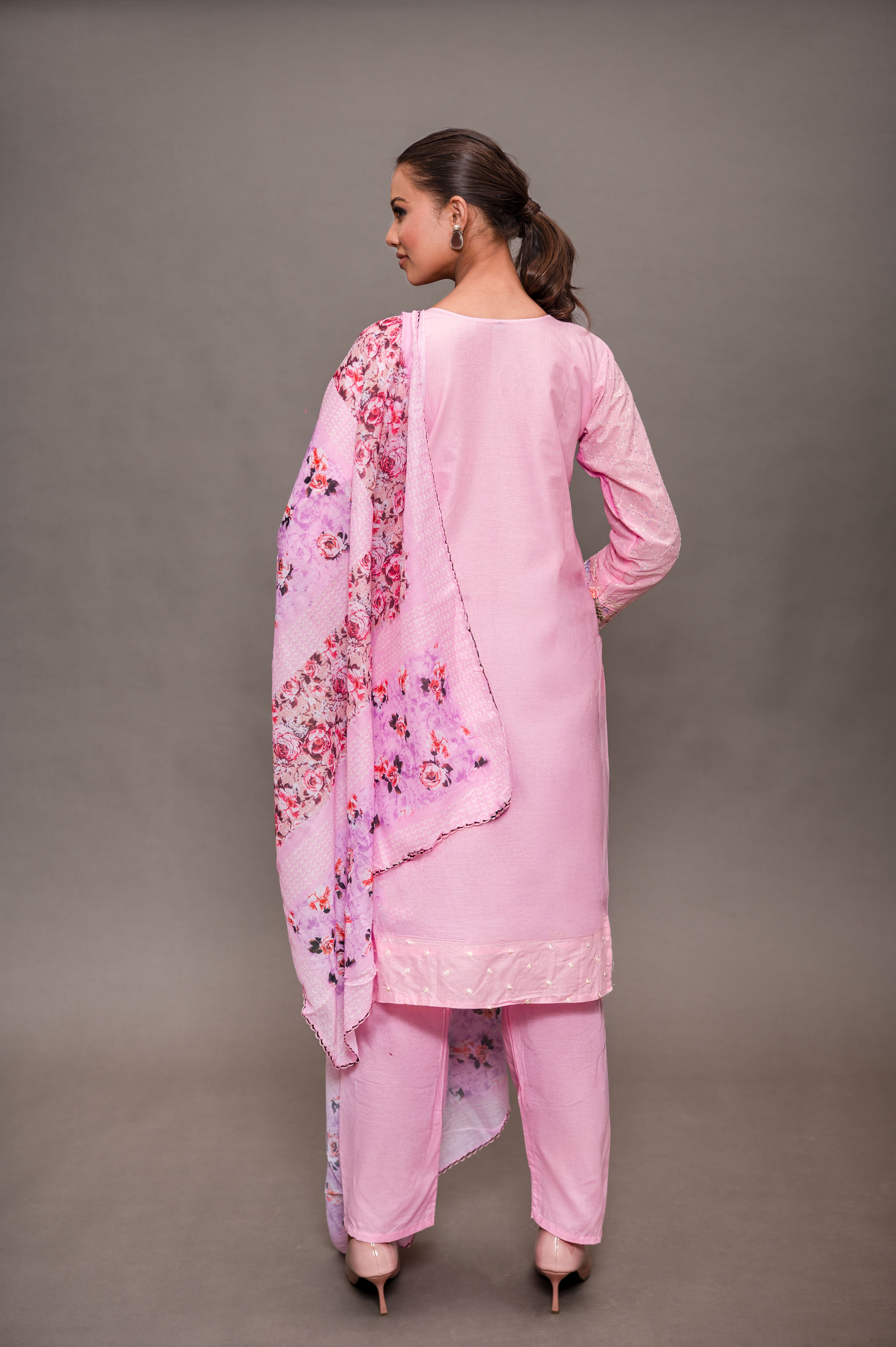 Pink Cotton Fancy Suit with Heavy Self Embroidery, Paired with a Malmal Printed Dupatta