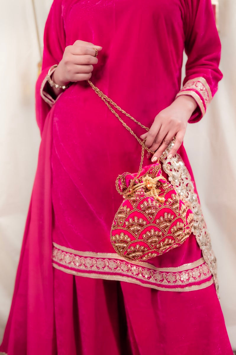 Rani Pink Potli with Beautiful Pipe and Bead Sequin Design