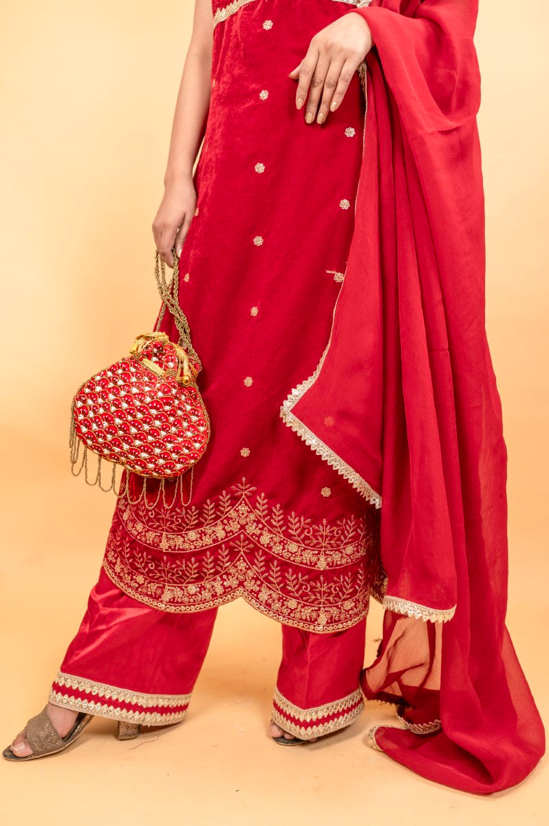 Beautiful Red Potli with Pipe and White Moti Sequin Design