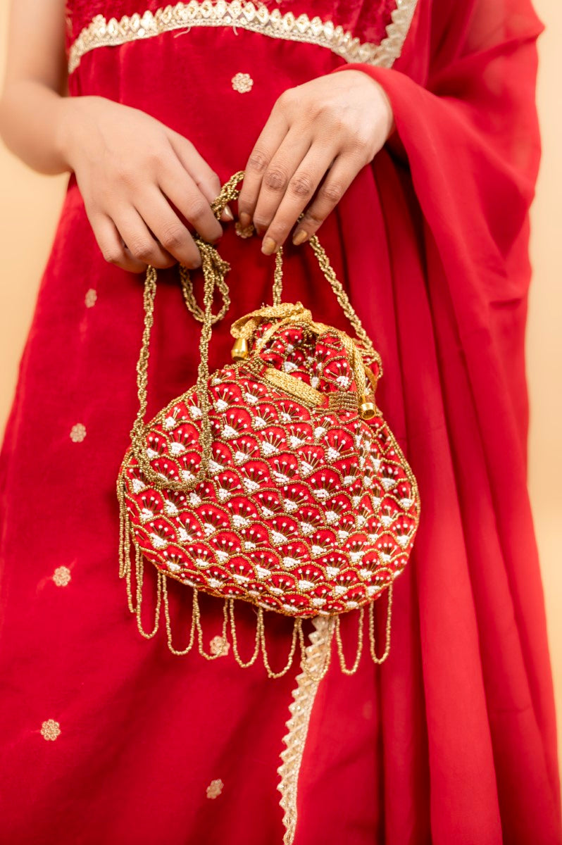 Beautiful Red Potli with Pipe and White Moti Sequin Design