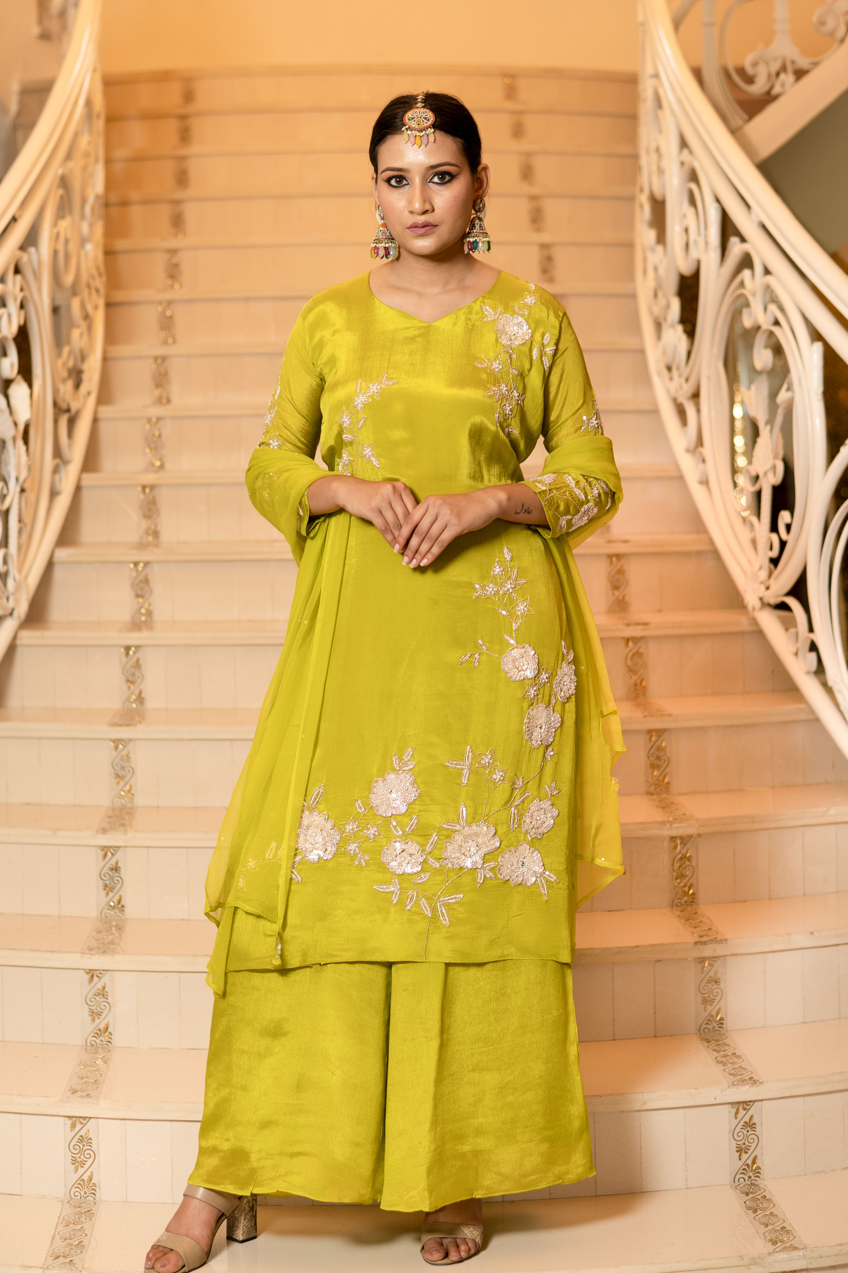 Mehandi Green Chiffon Hand Embroidered Kurta with Palazzo Set