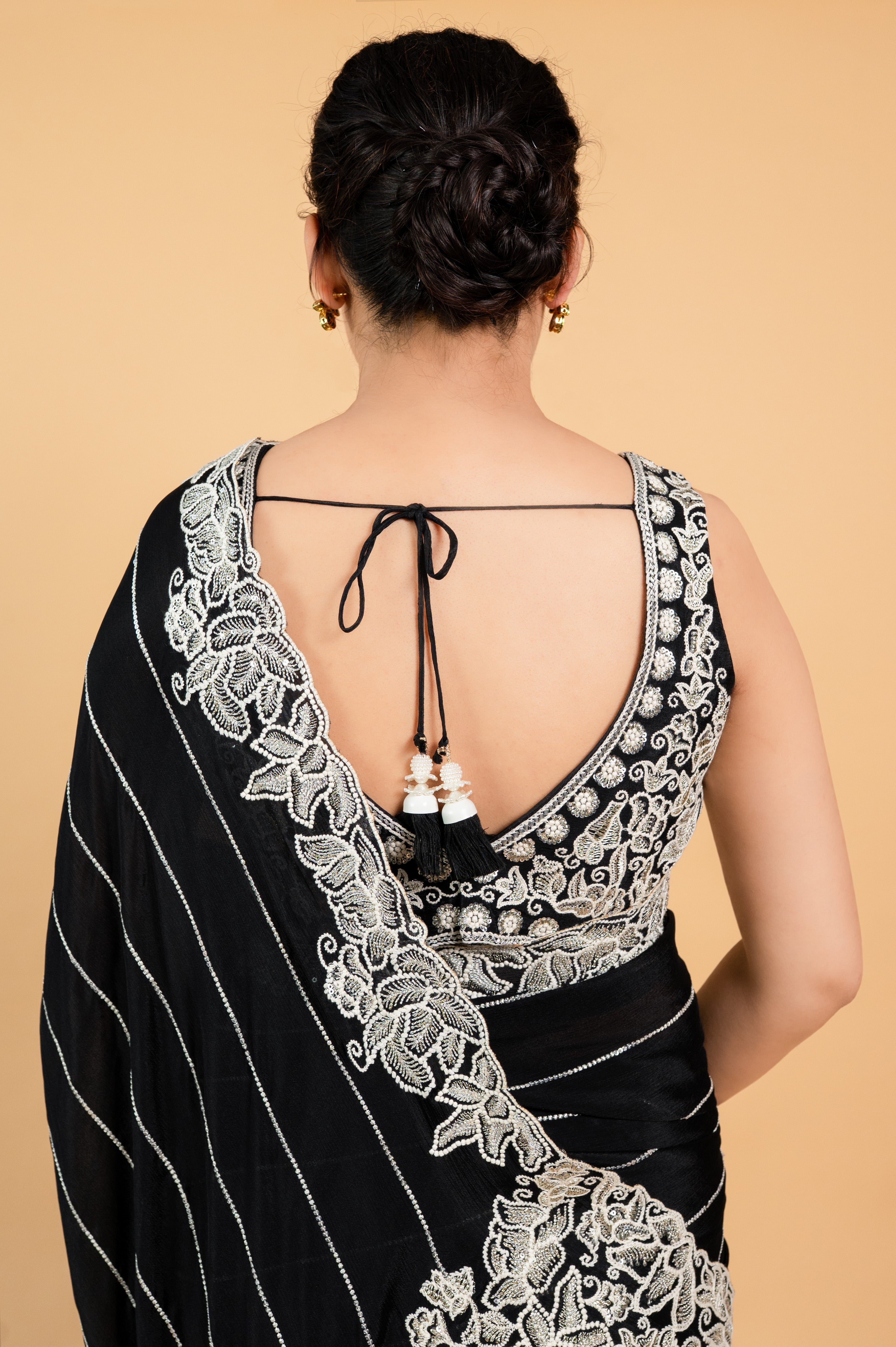 Two Blouse Concept – Black Designer Georgette Saree with White and Silver Embroidery