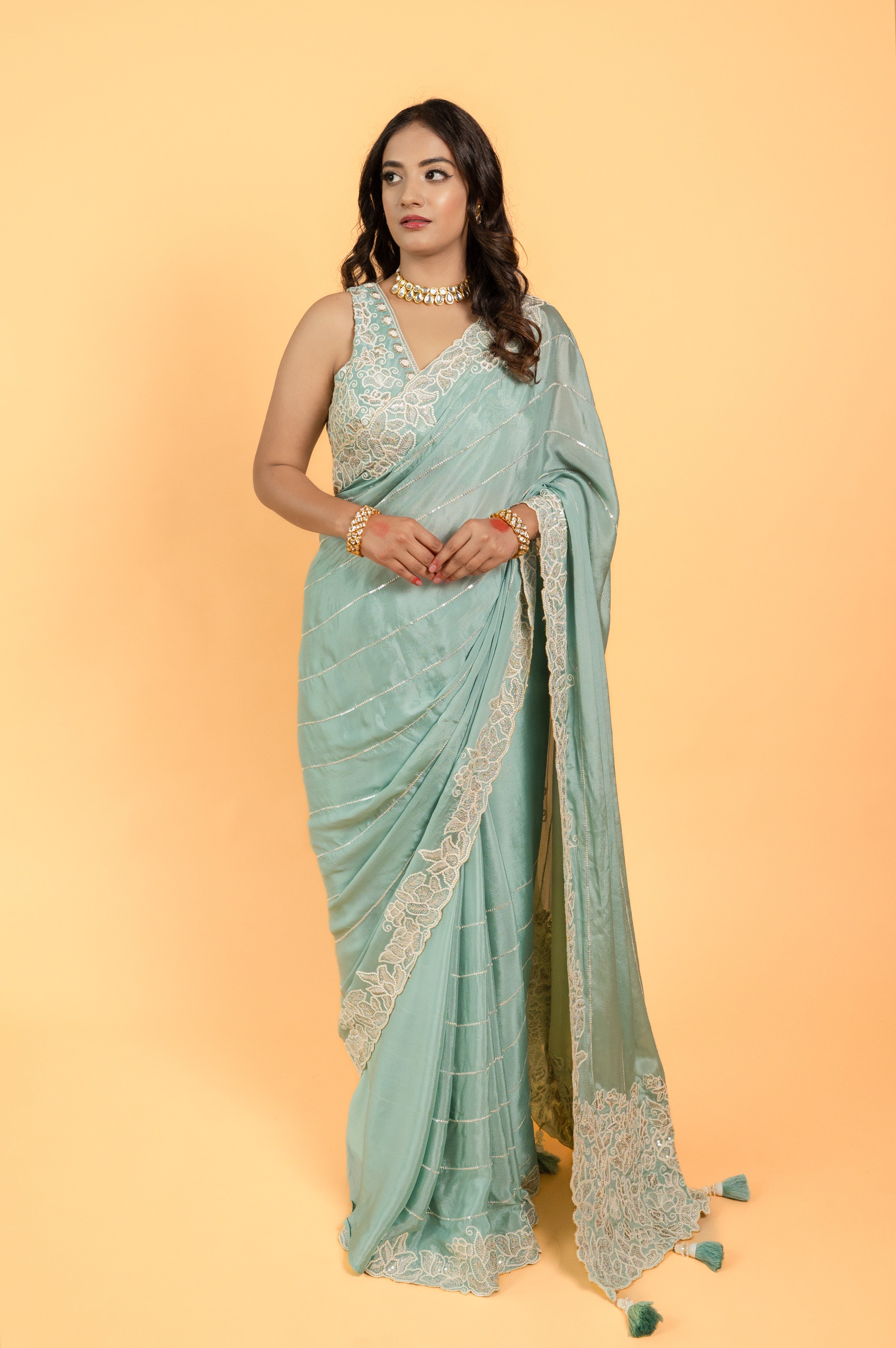 Two Blouse Concept – Marigold Yellow Designer Georgette Saree with White and Silver Embroidery