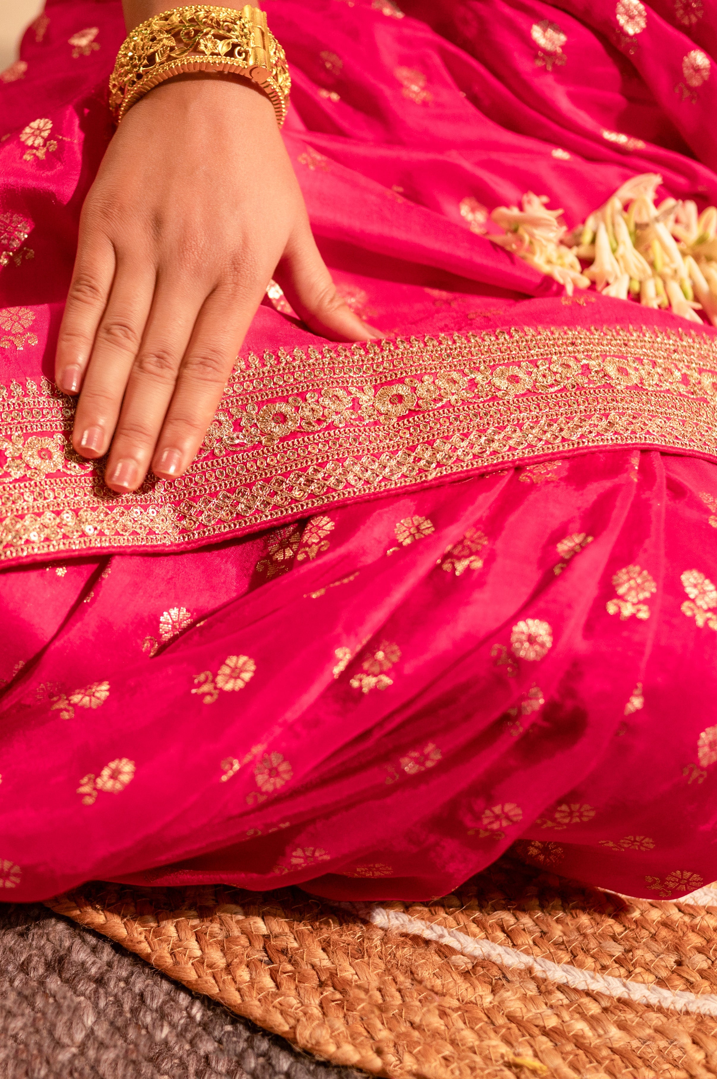 Fushcia Rani Pink Silk Saree with Golden Buti Work and Rich Zari Border