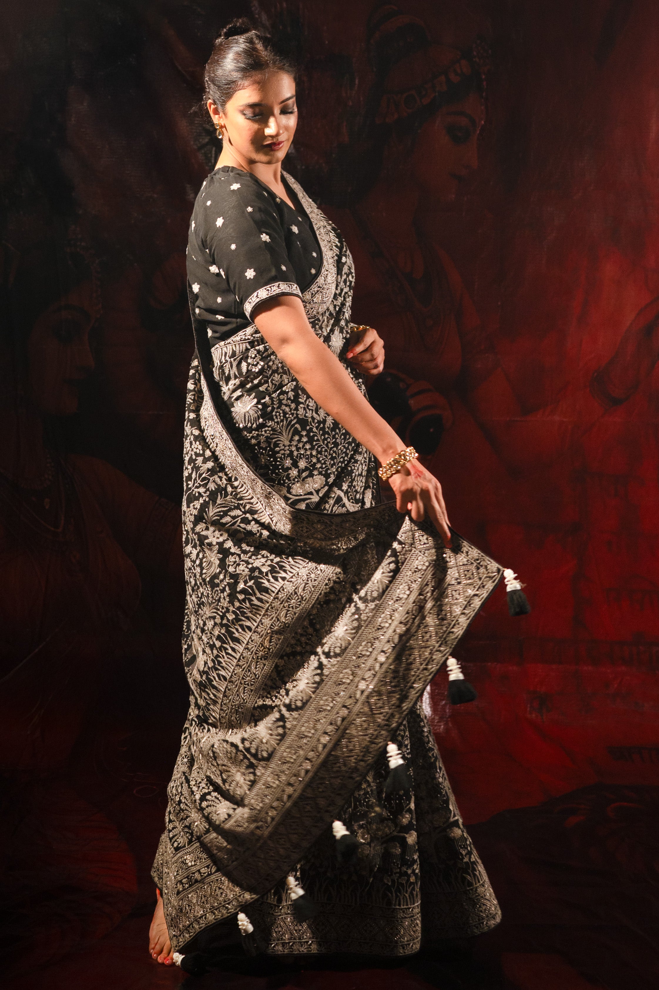 Black Lucknowi Georgette Saree with Beautiful Tassels and Zari Work