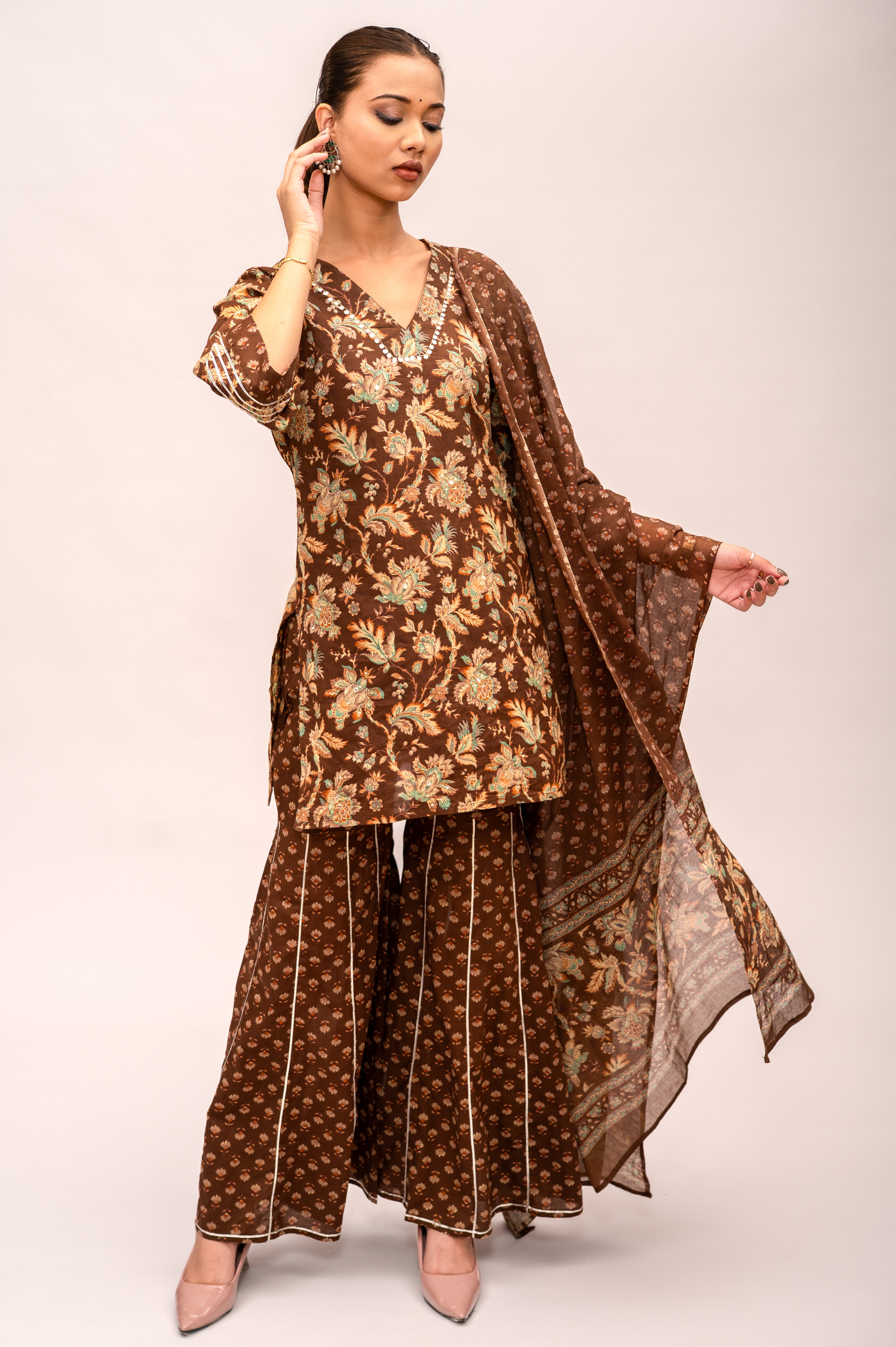 Brown Mal Cotton Floral Print Sharara Suit with Mirror Embroidery