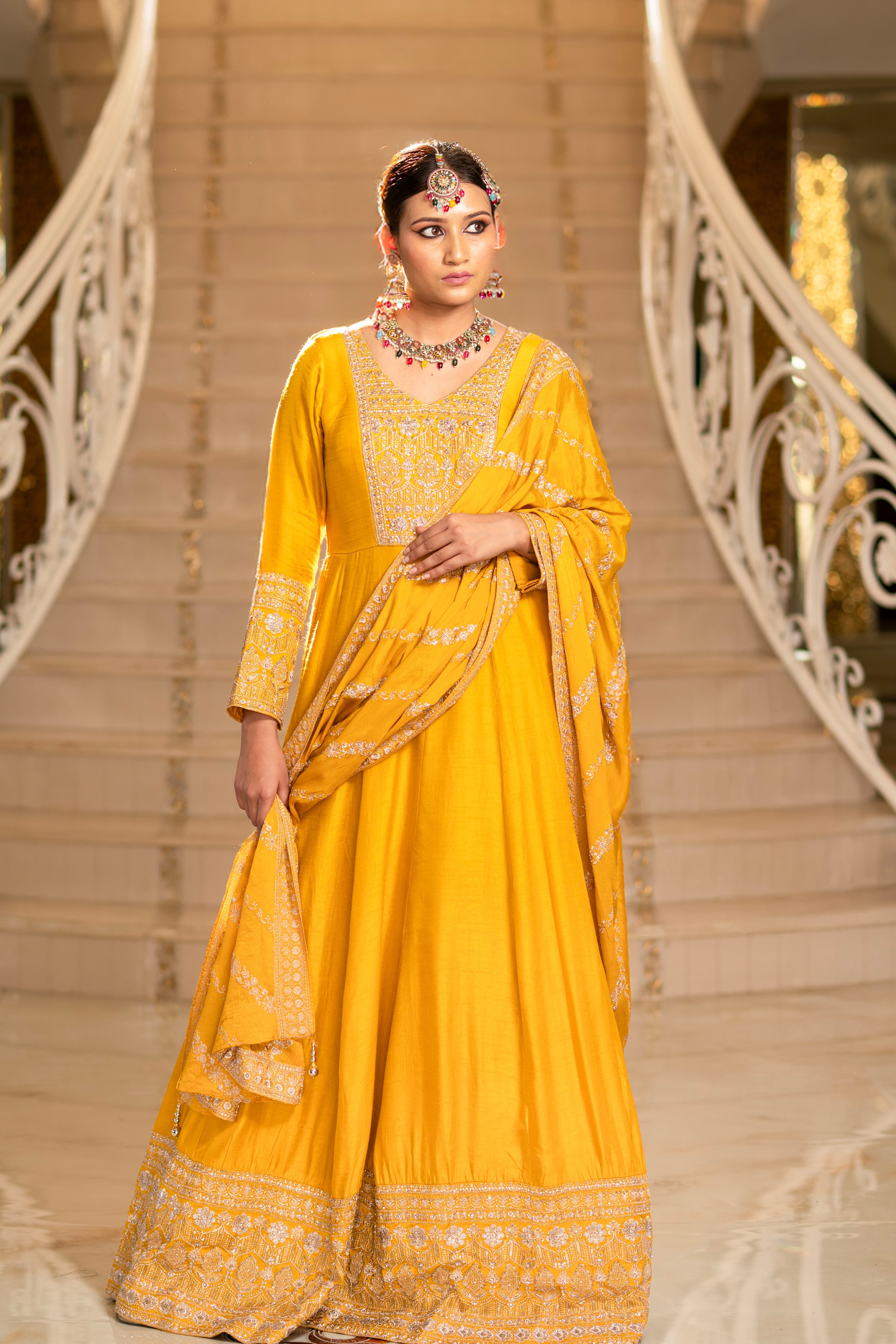 Yellow Viscose Silk Zari Embroidered Floor Length Anarkali Set