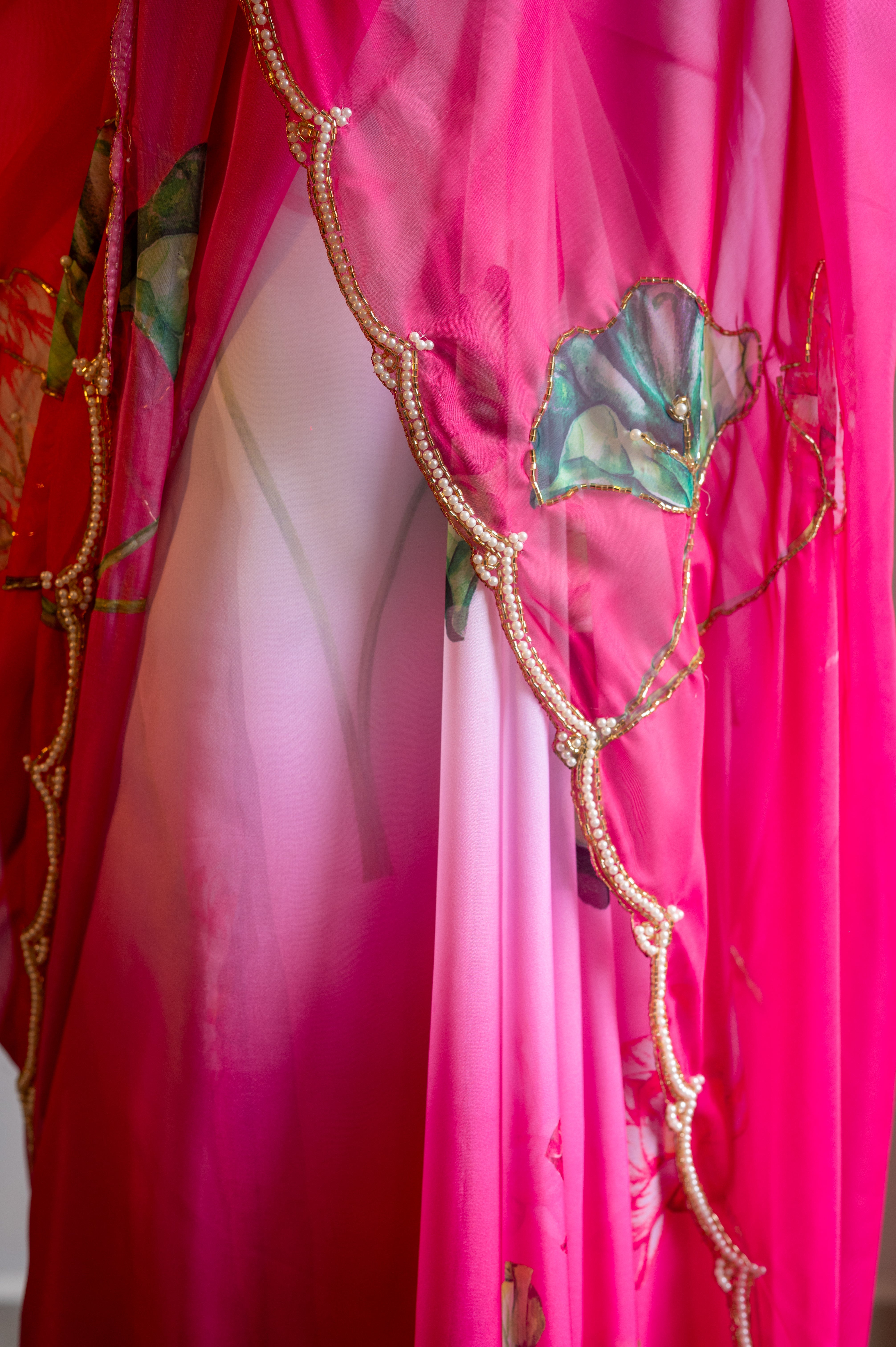 Fuchsia Pink Tebi Twin Silk Saree with Floral Digital Print & Moti Handwork Border