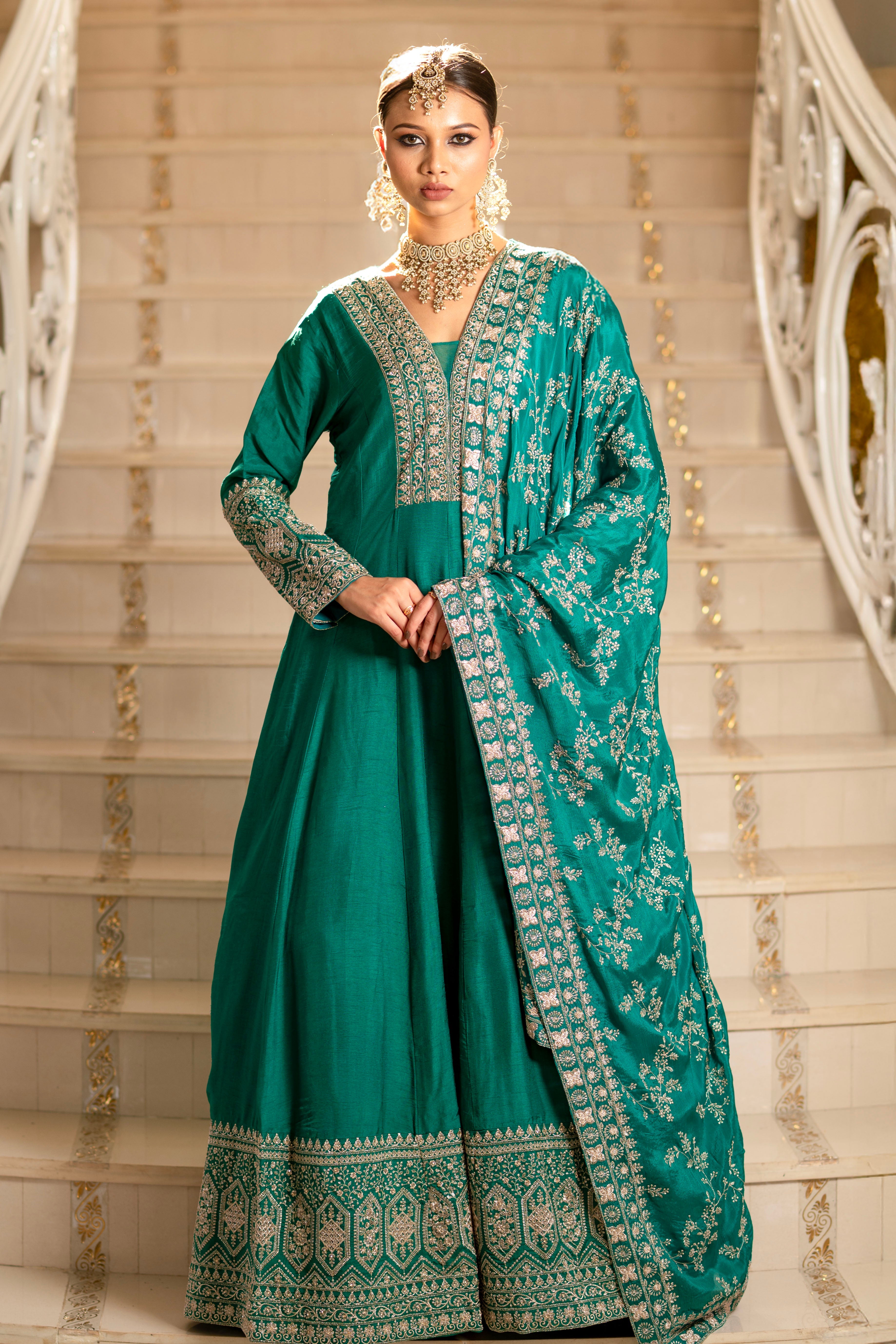Teal Green Viscose Silk Zari Embroidered Floor Length Anarkali Set