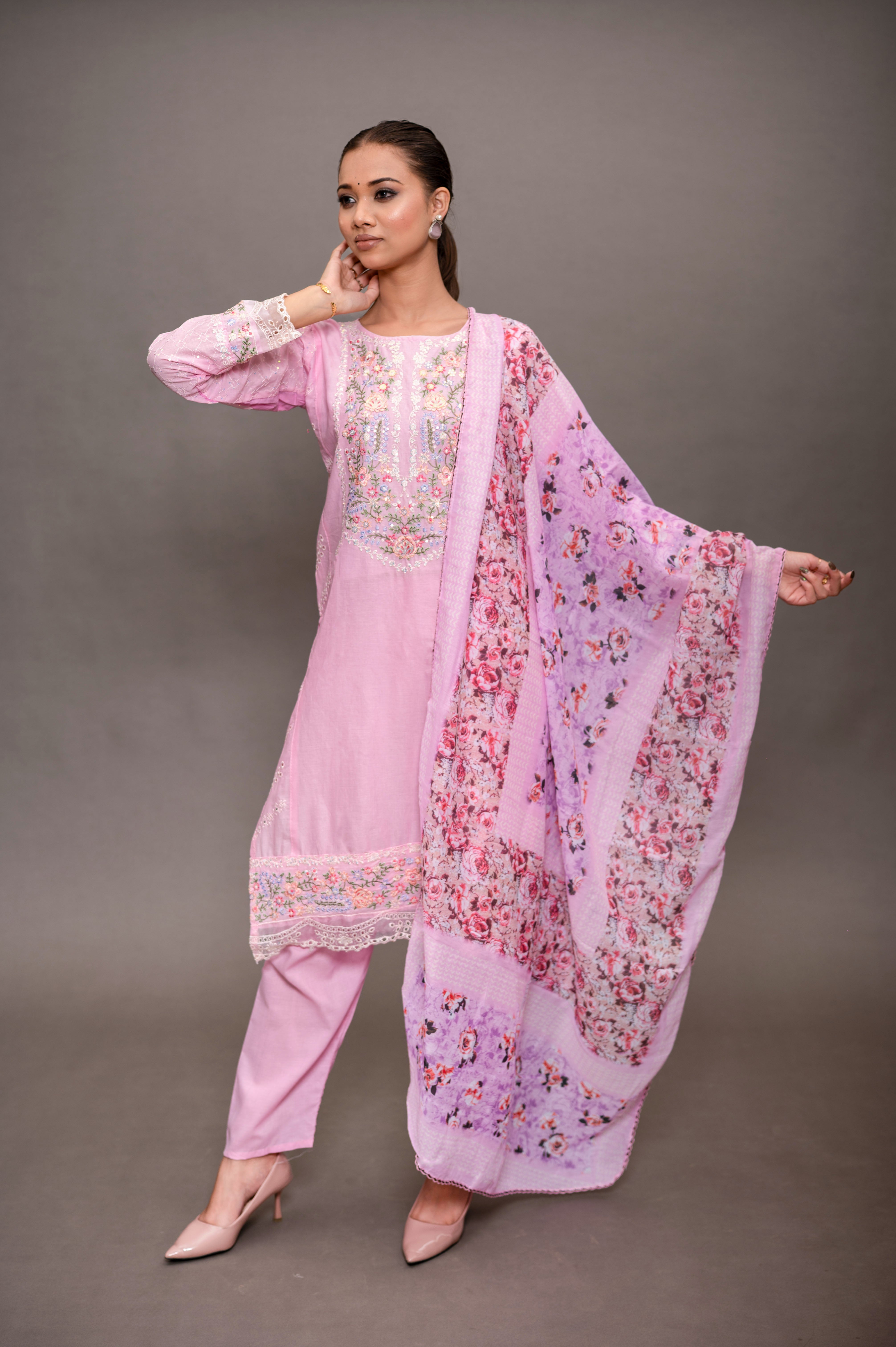 Pink Cotton Fancy Suit with Heavy Self Embroidery, Paired with a Malmal Printed Dupatta