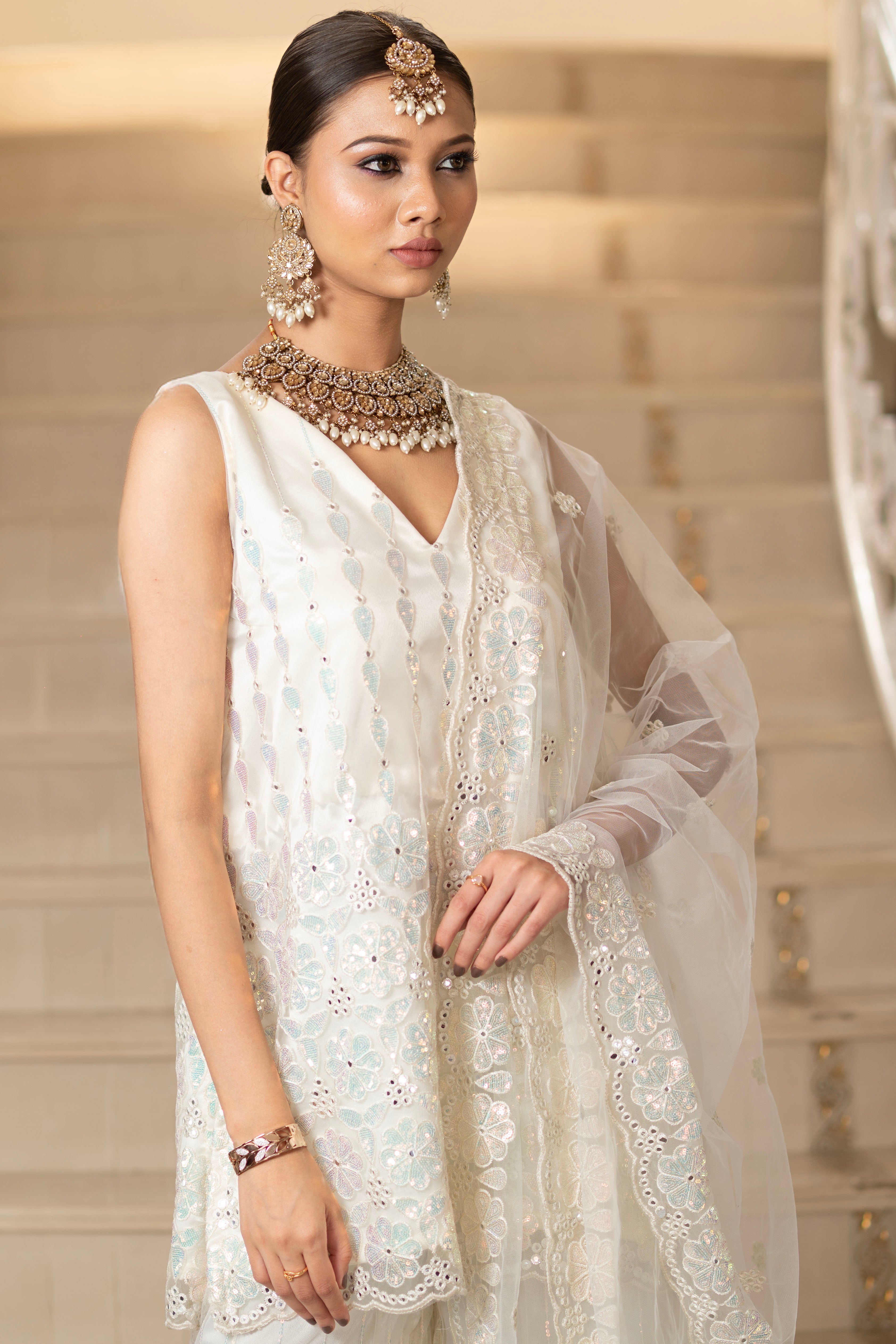 Ivory Pearl White Super Net Sleeveless  Kurta With Flared Palazzo Set