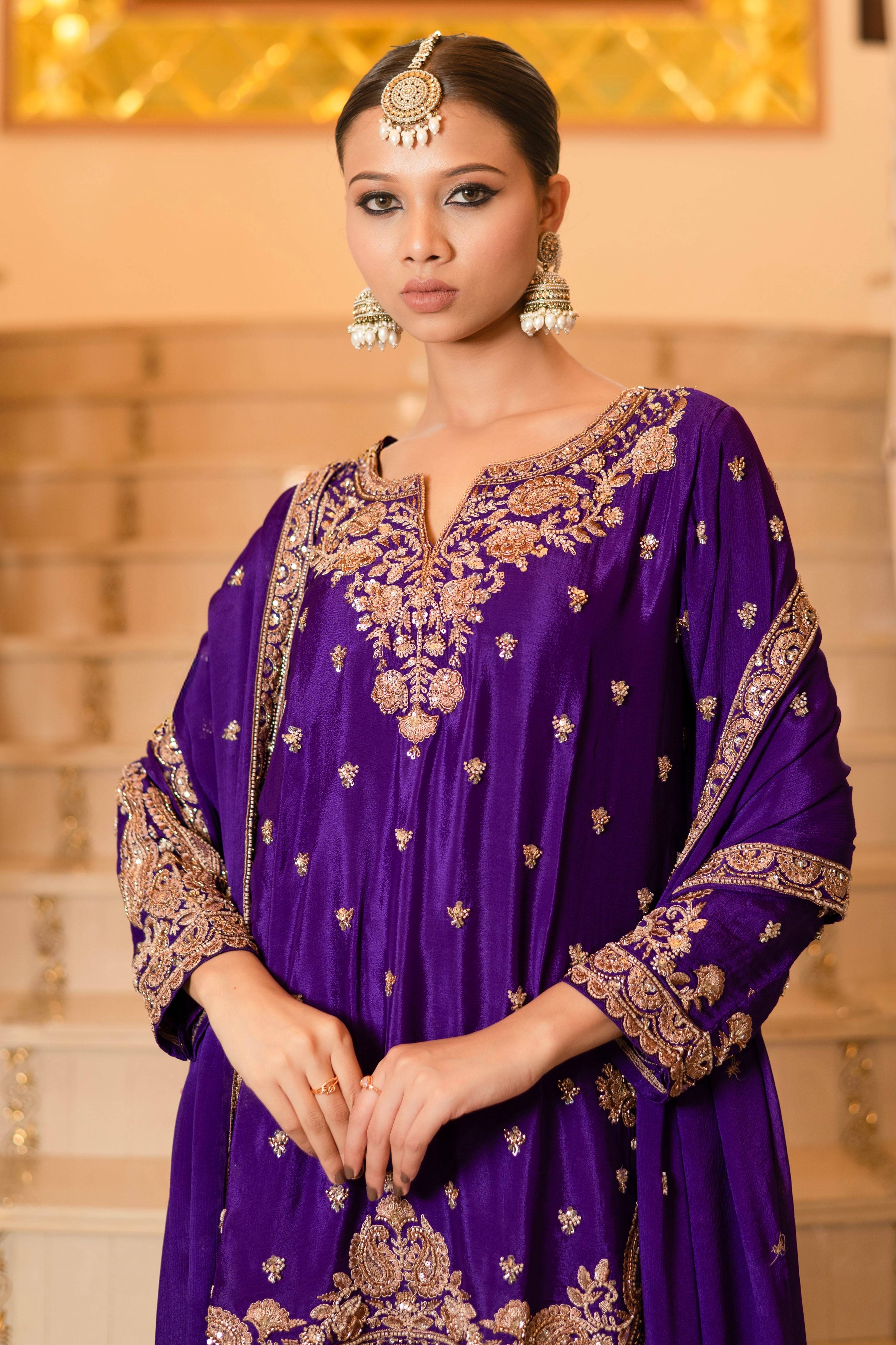 Purple Viscose Silk Detailed Heavy Embroidered Sharara Set