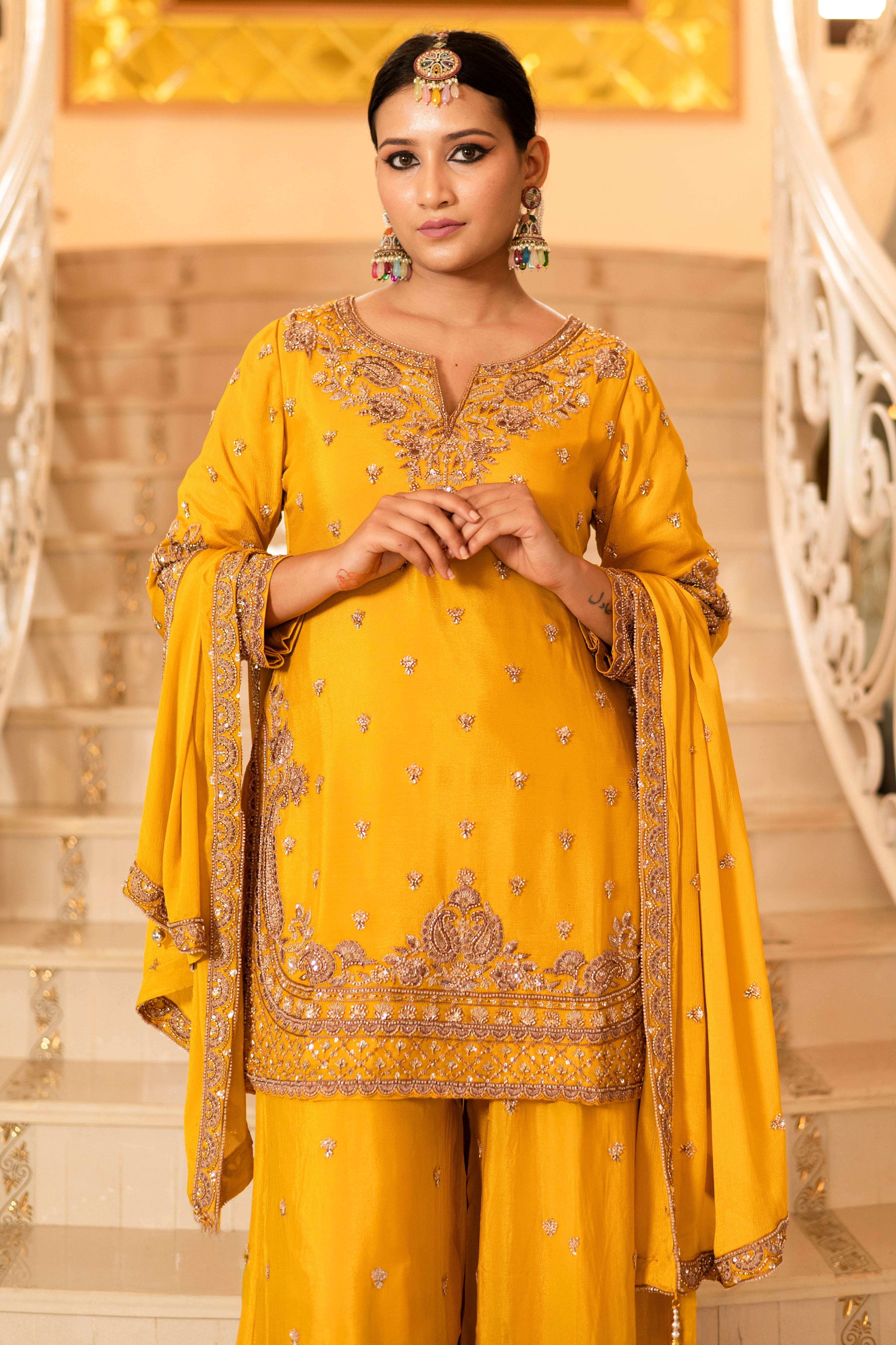 Yellow Viscose Silk Detailed Heavy Embroidered Sharara Set