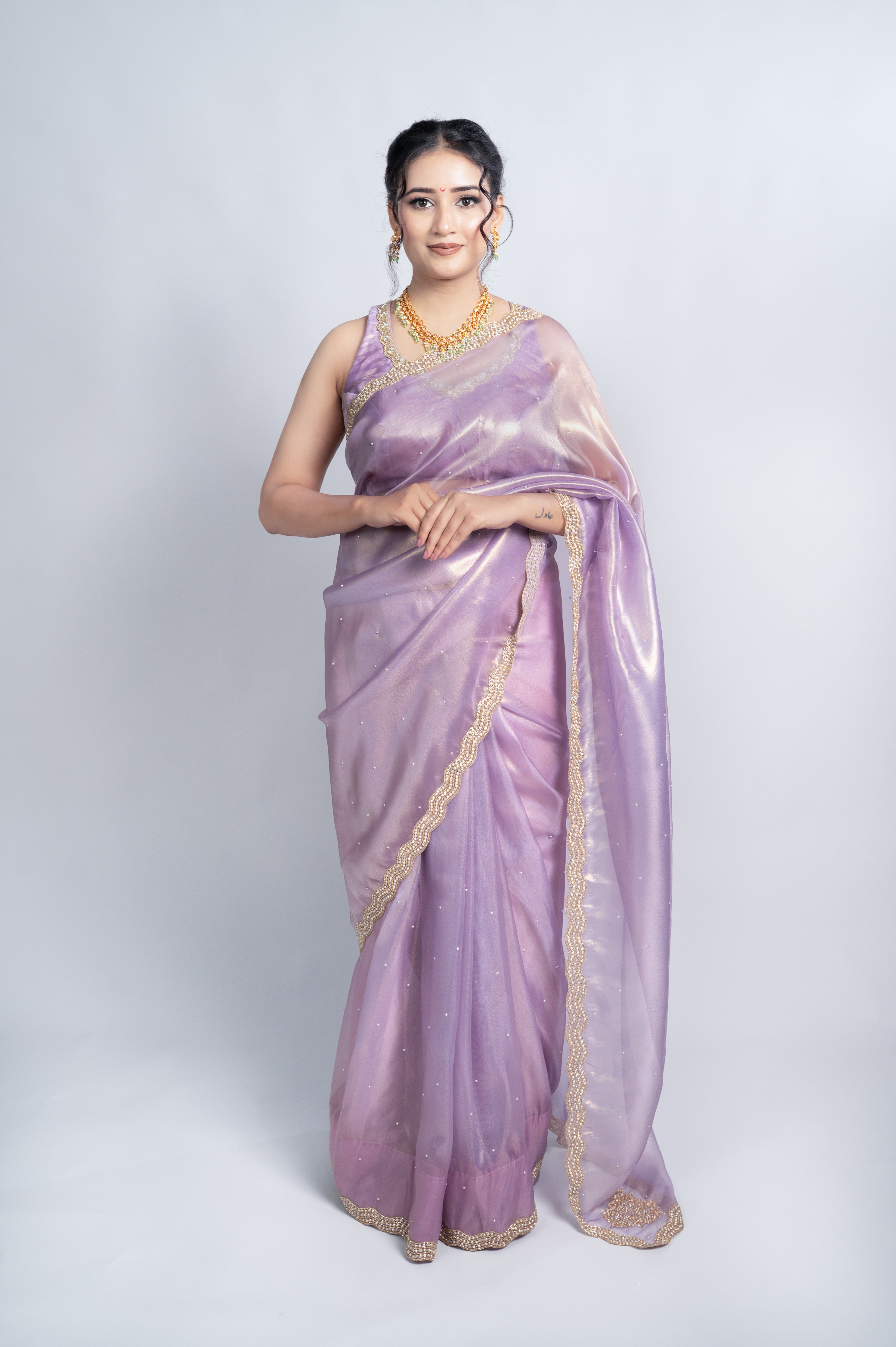 Lavender purple Organza Shimmer saree with pearl and sequin border