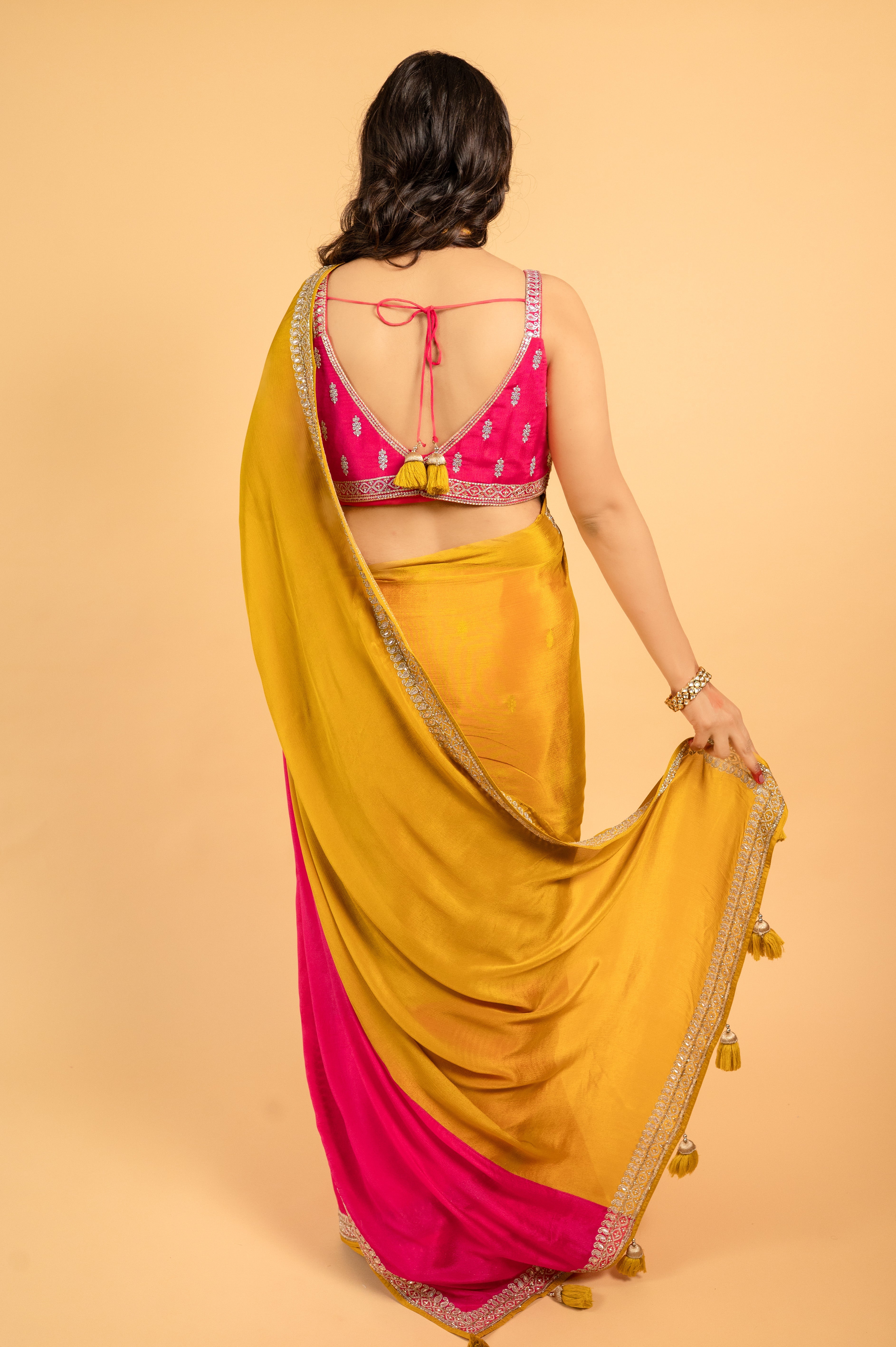 Two Blouse Concept – Yellow-Pink Tween shade Georgette Saree with Sequin Border Work