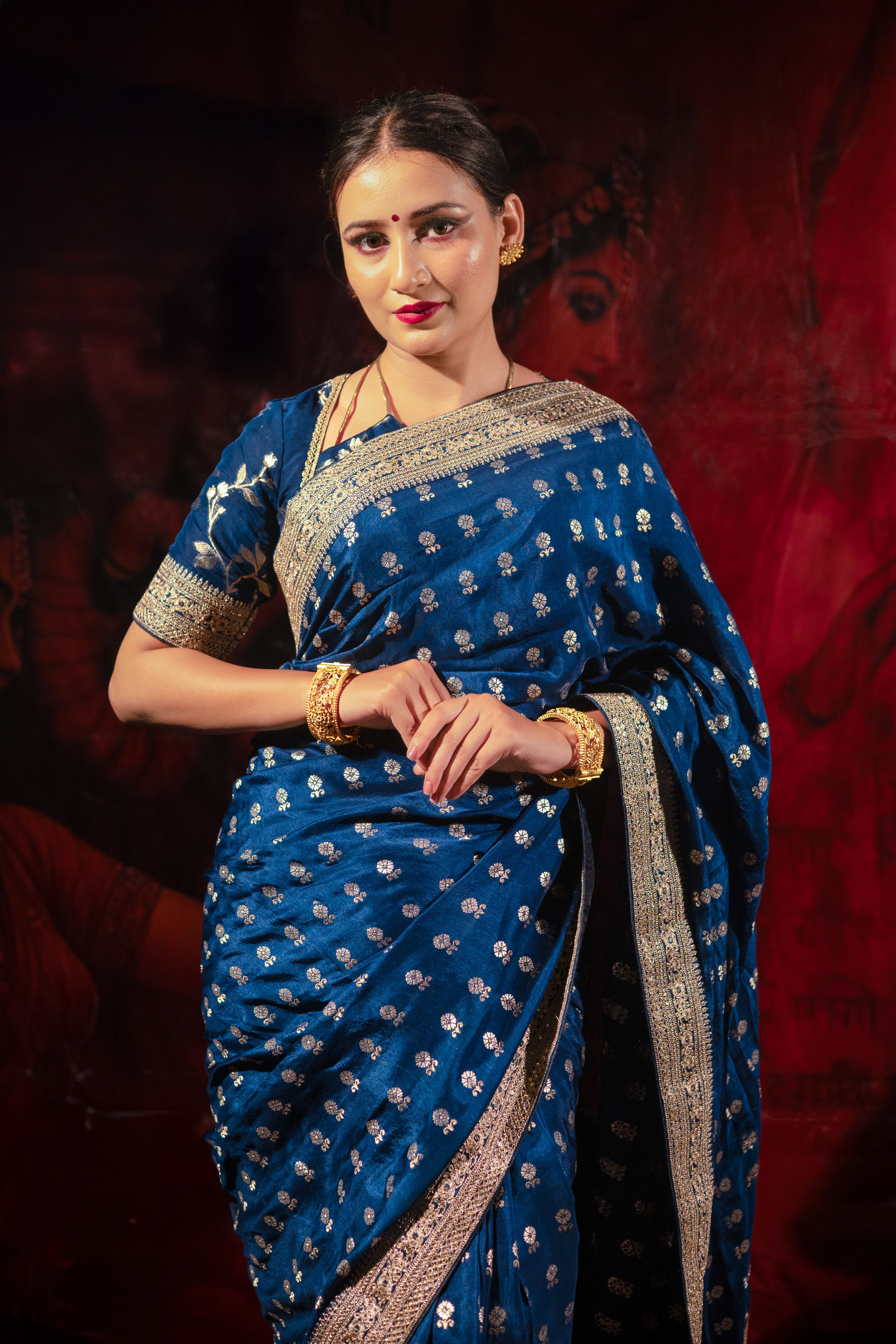 Dark Blue Silk Saree with Golden Buti Work and Rich Zari Border