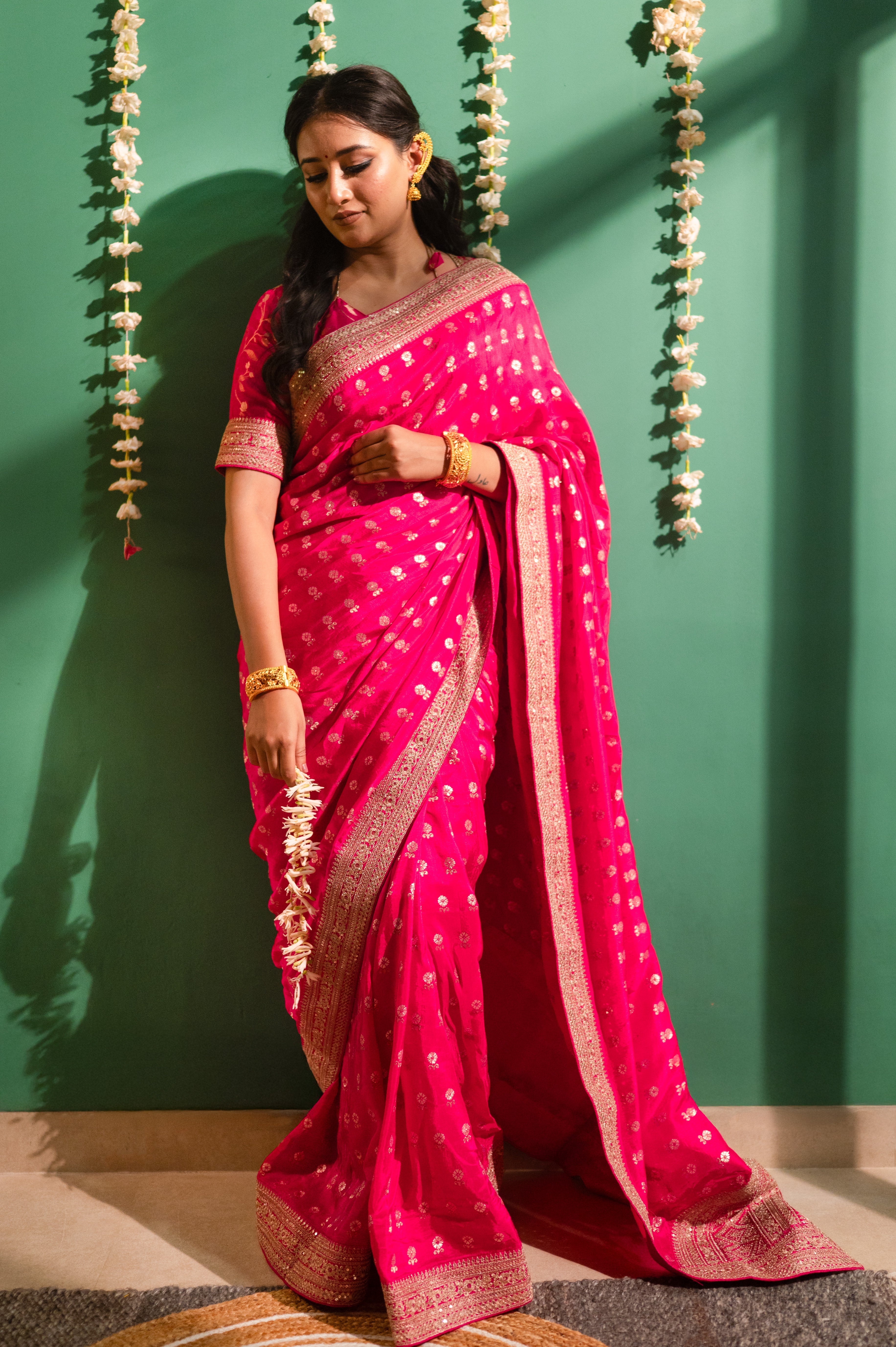 Fushcia Rani Pink Silk Saree with Golden Buti Work and Rich Zari Border