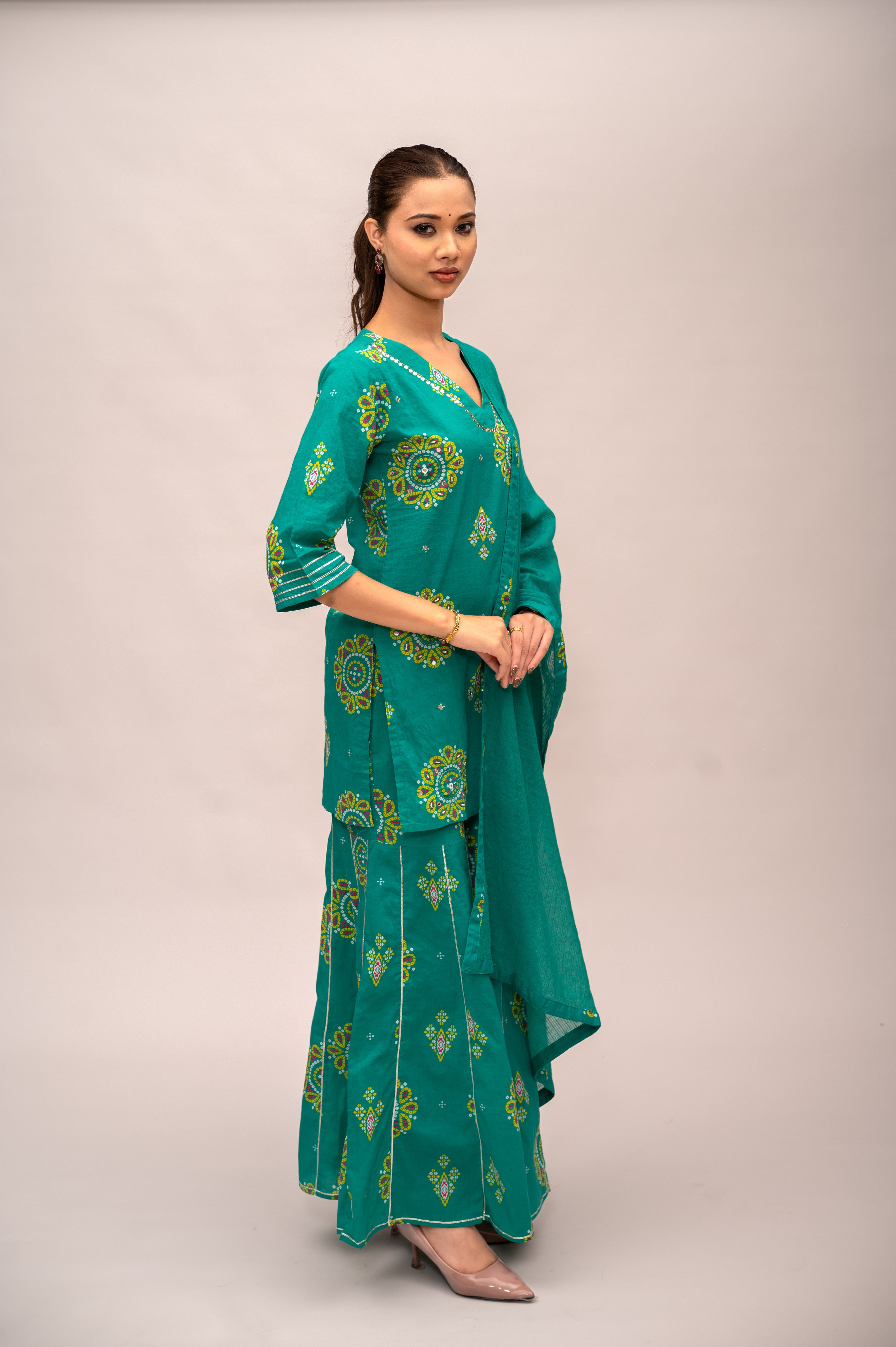 Green Mal Cotton Bandhani Print Sharara Suit with Mirror Embroidery