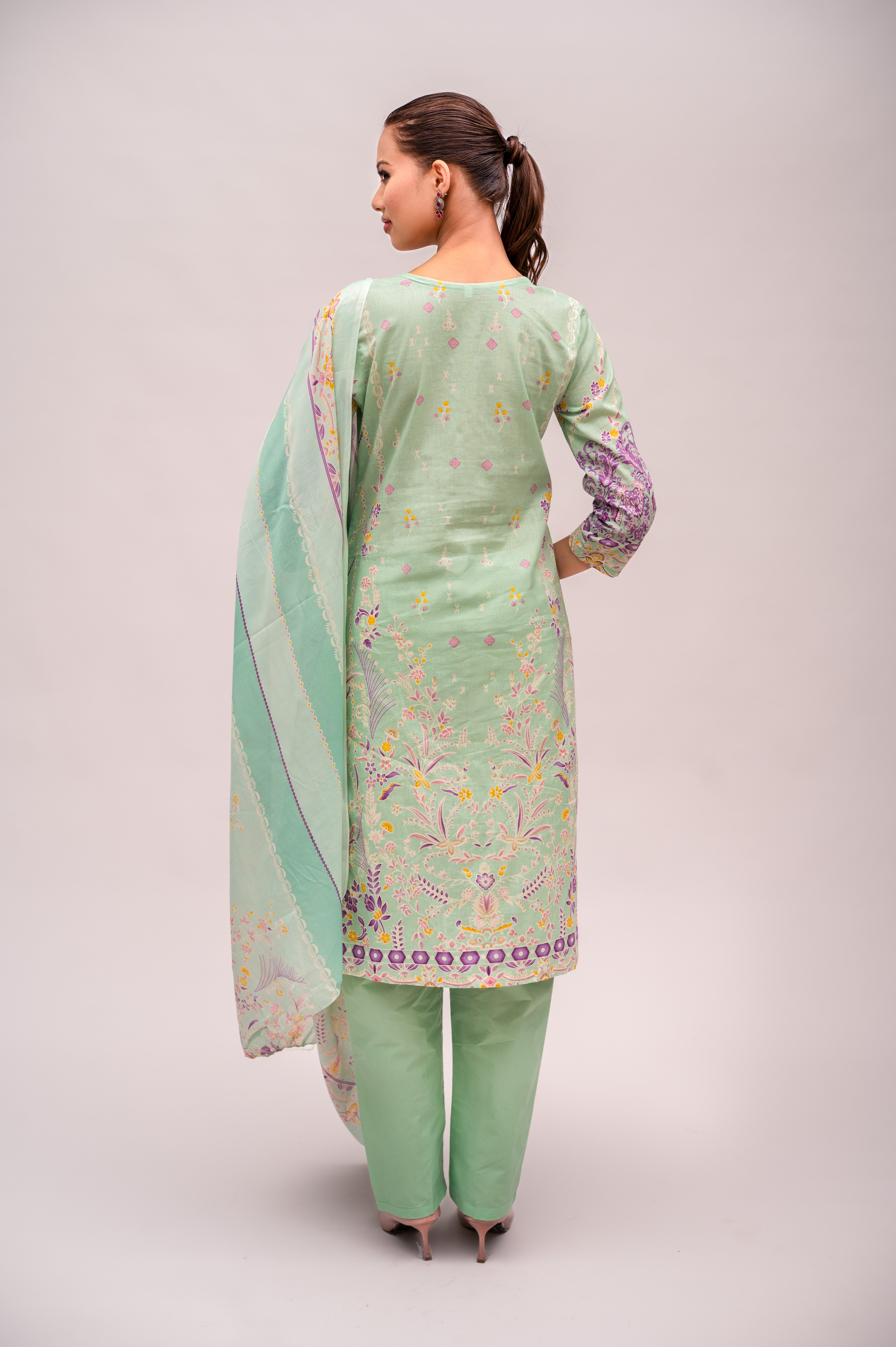 Green Cotton Lawn Suit with Embroidery with a Malmal Printed Dupatta