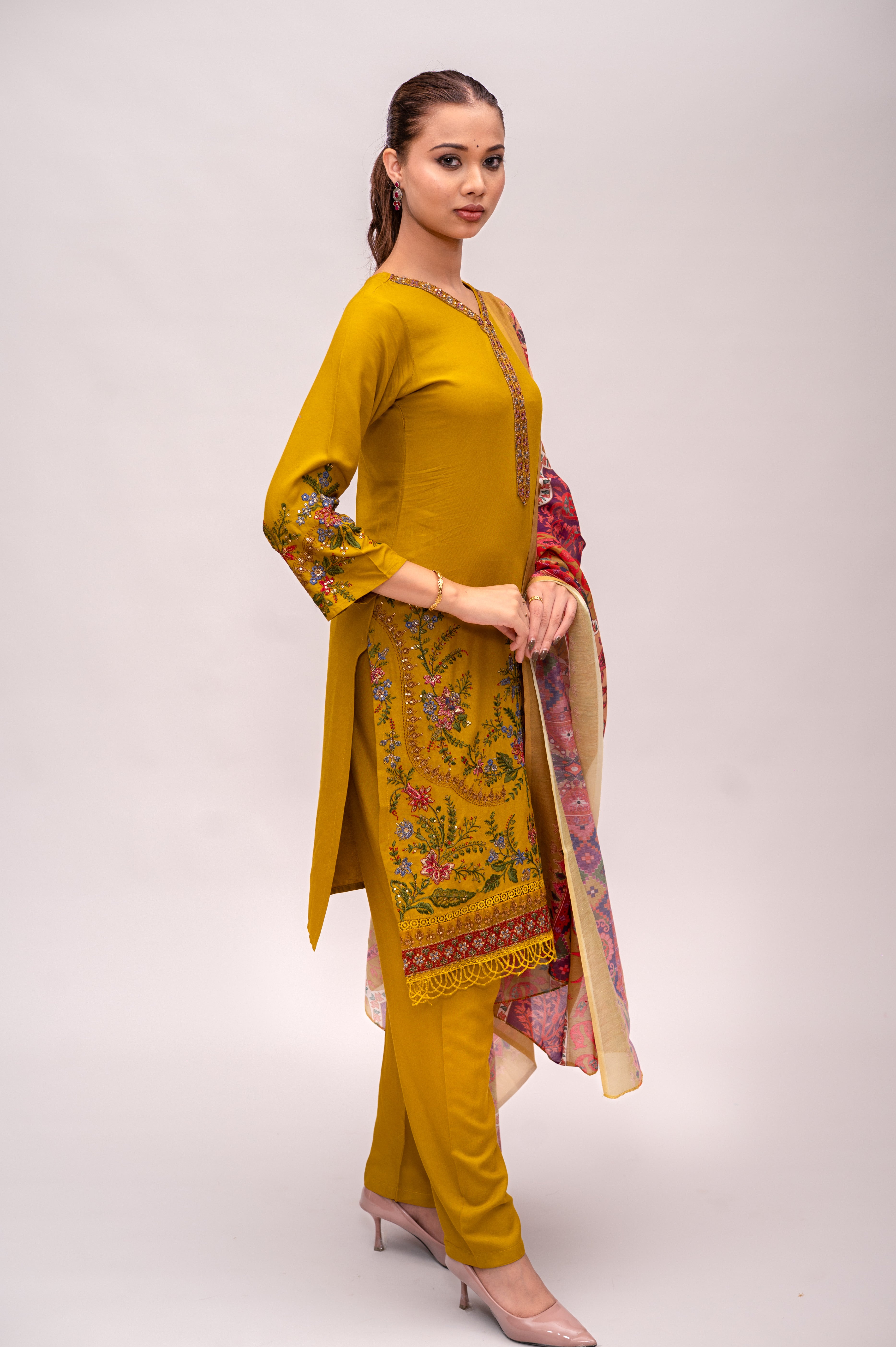 Marigold Yellow Cotton Suit with Embroidery with a Malmal Printed Dupatta