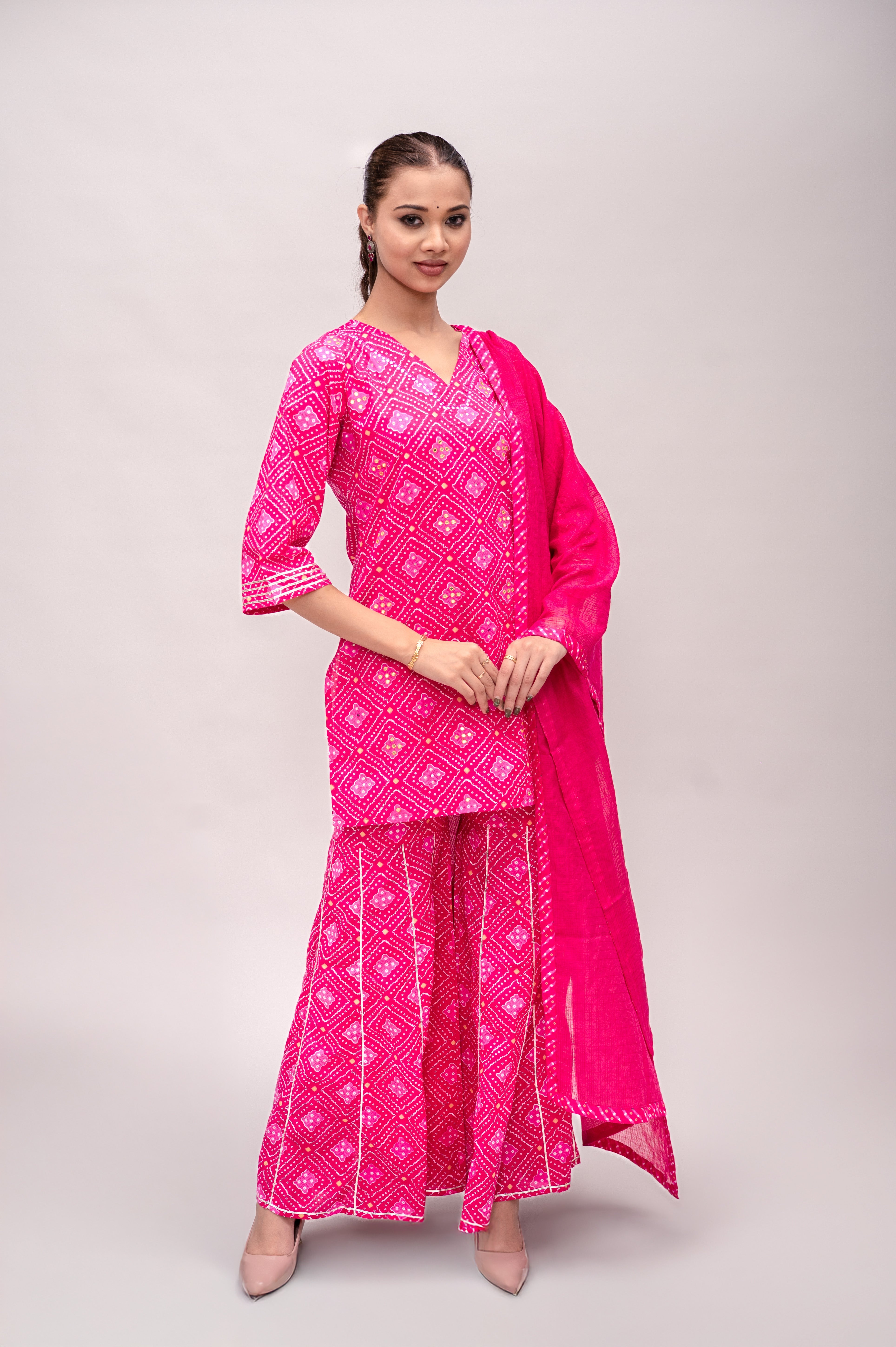 Fuchsia Pink Mal Cotton Bandhani Print Sharara Suit with Mirror Embroidery