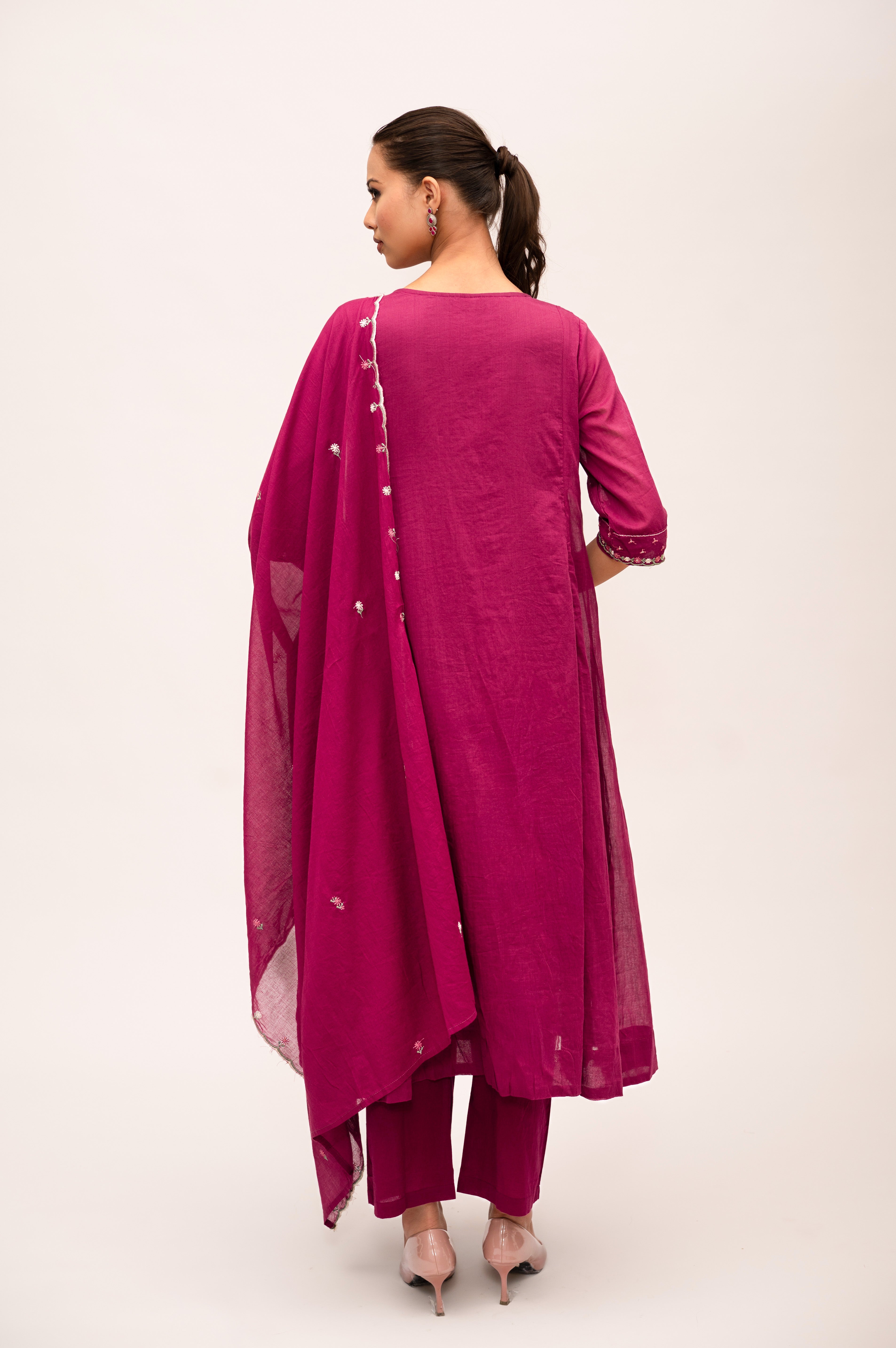 Wine Red Frock Suit with Pant & Dupatta With Thread Embroidery