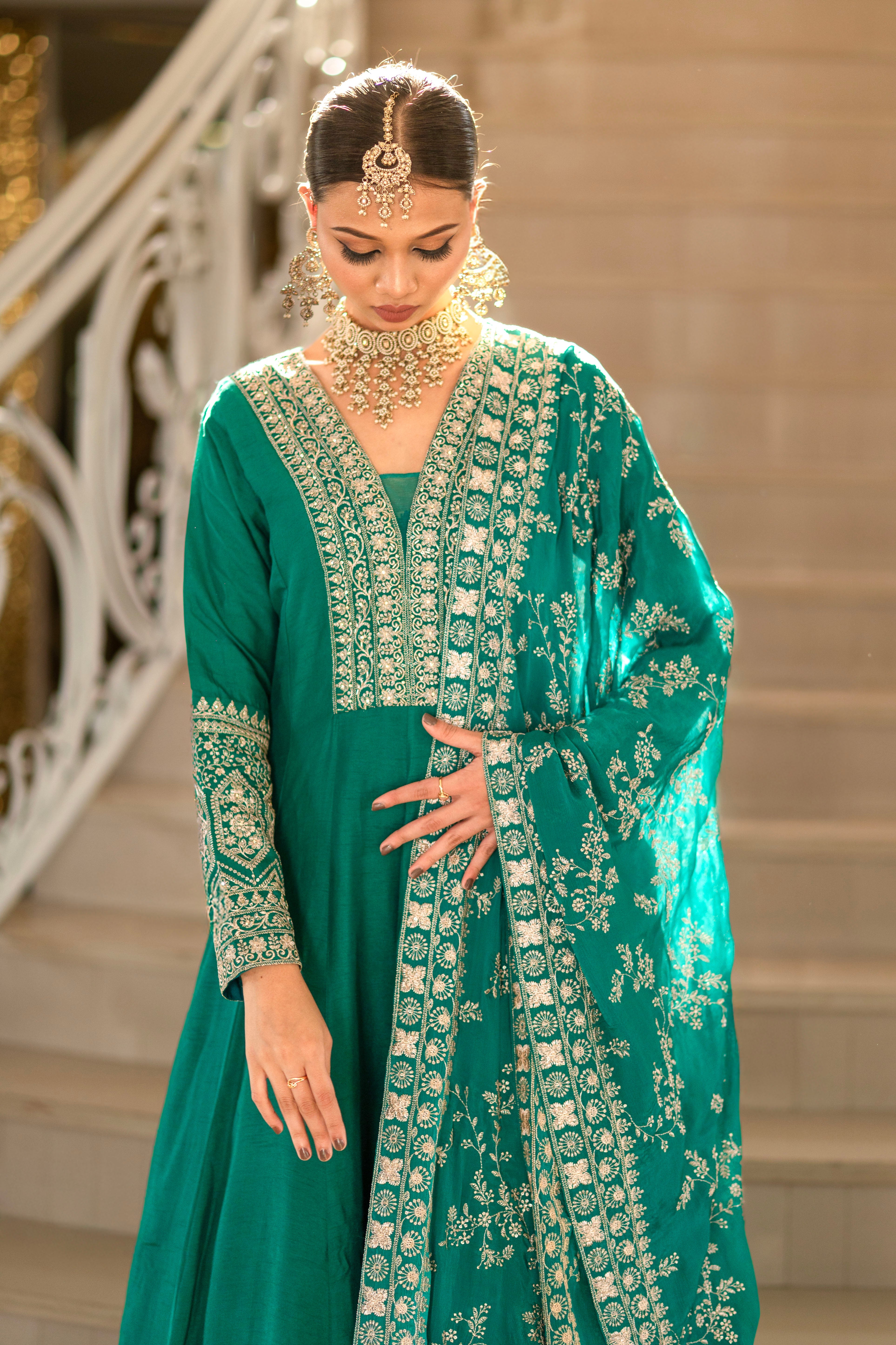 Teal Green Viscose Silk Zari Embroidered Floor Length Anarkali Set