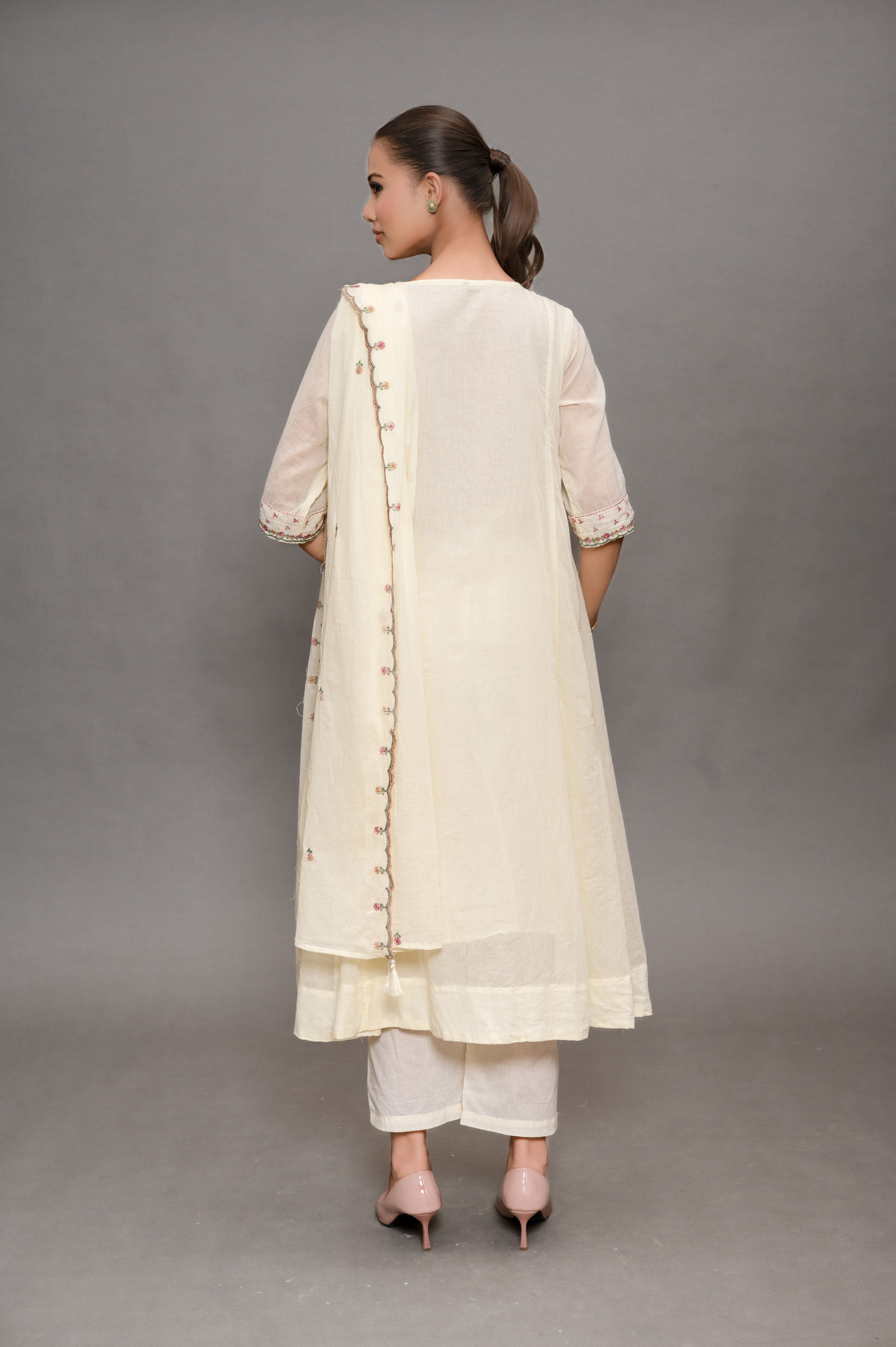 Off White Frock Suit with Pant & Dupatta WithThread Embroidery