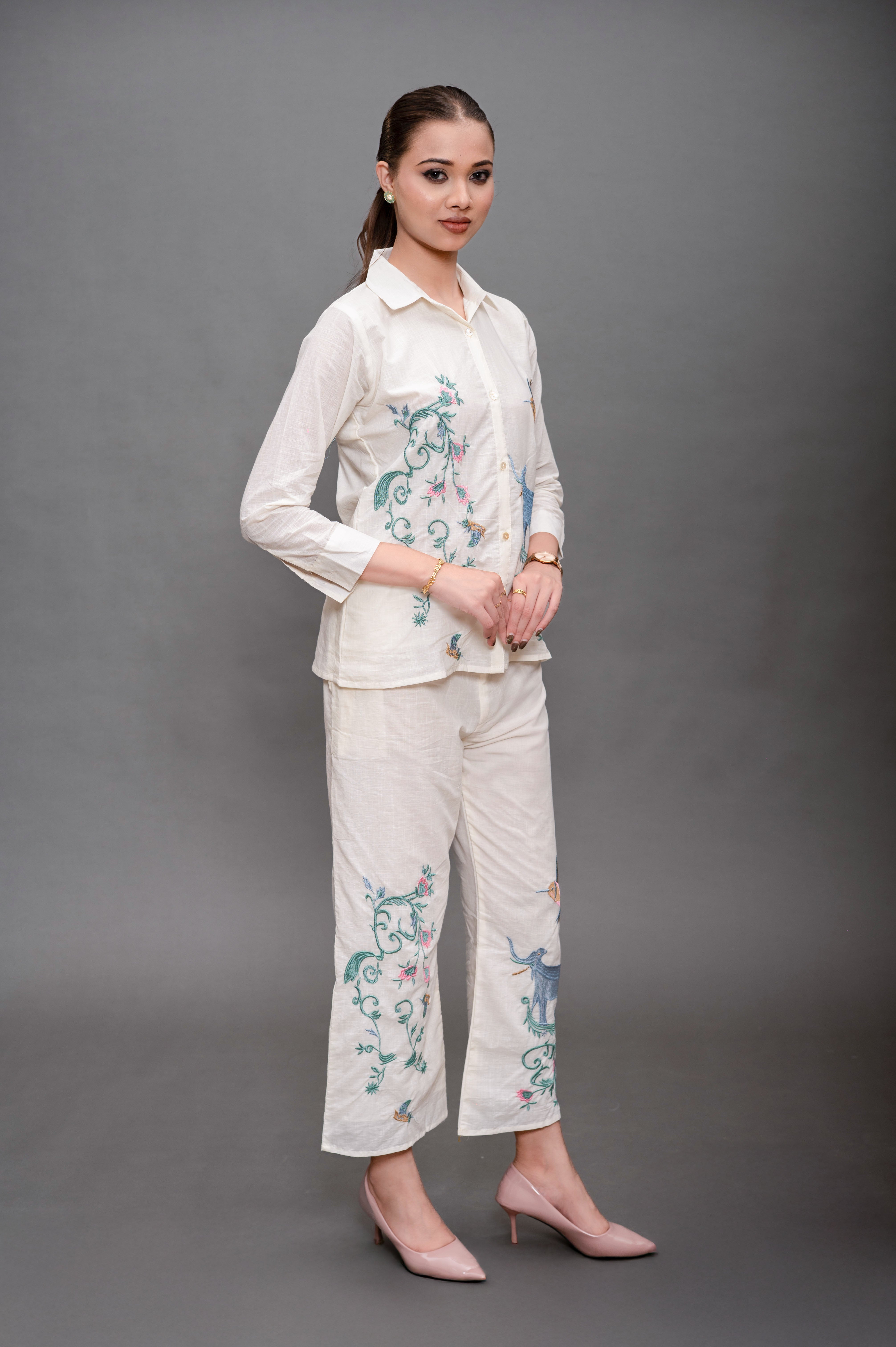 Cream White Cotton  Cord Set with Embroidery and Animal Motifs