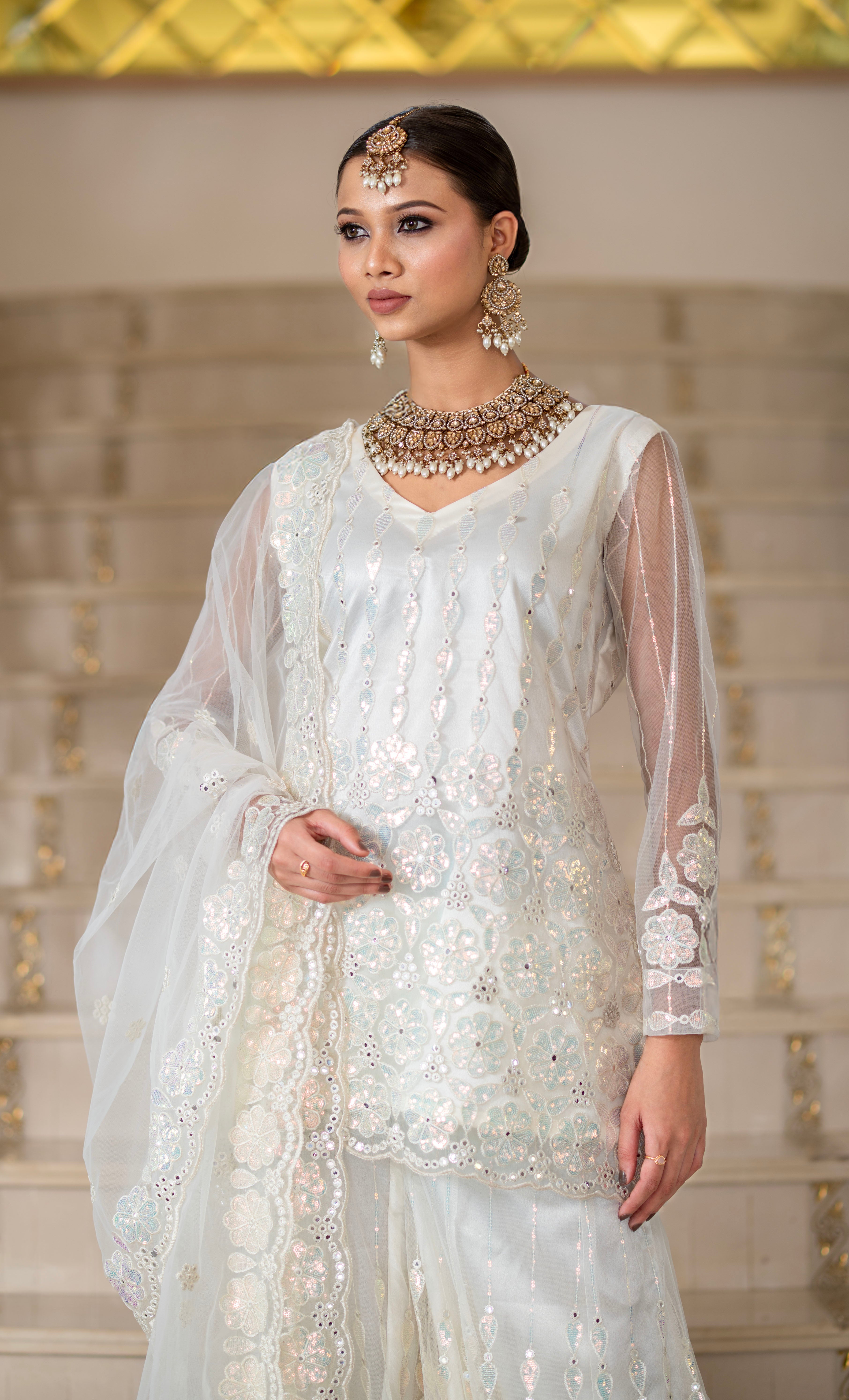 Ivory Pearl White Super Net Full Sleeve Kurta With Flared  Palazzo Sets