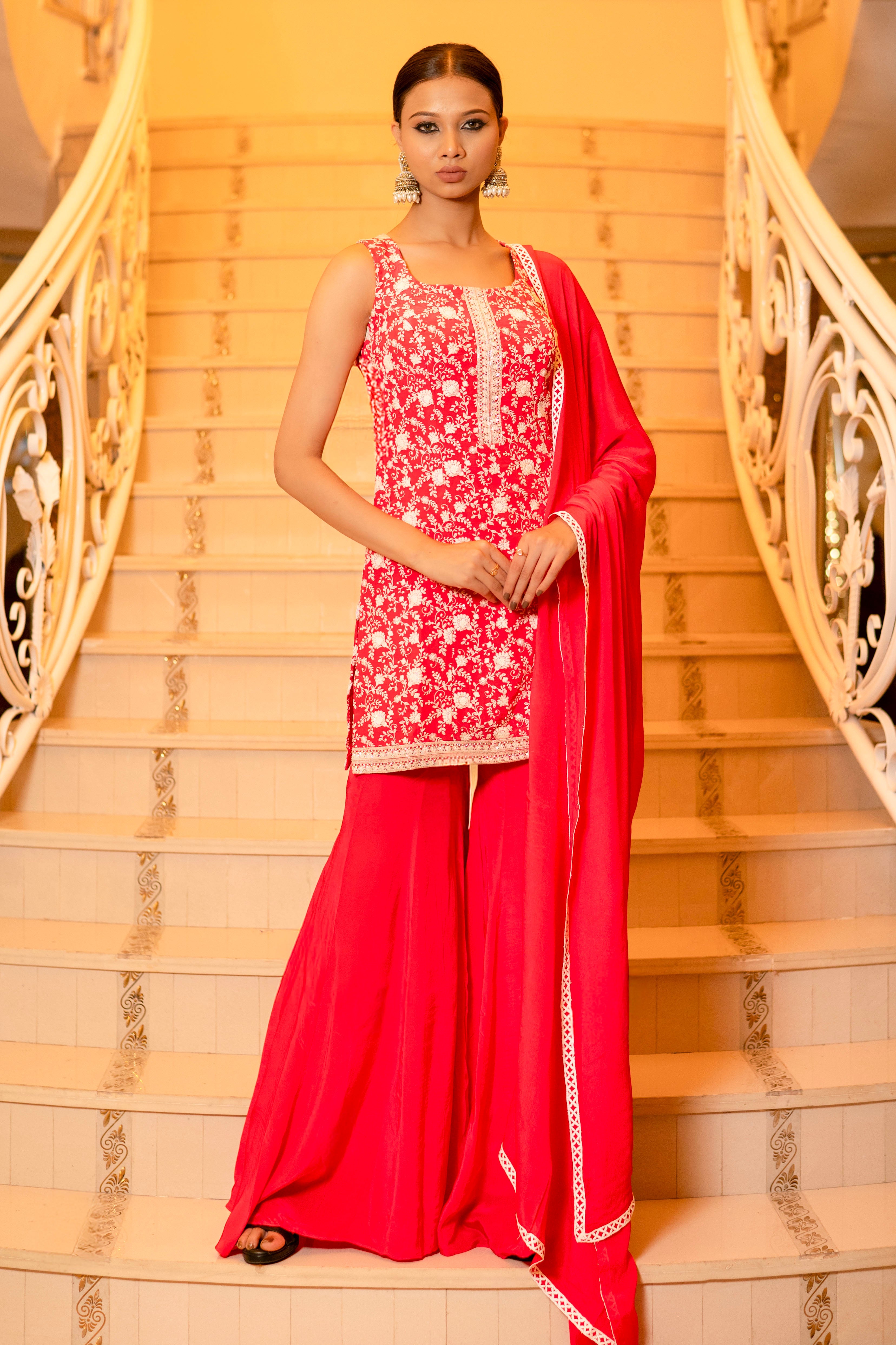 Crimson Red Pink Chiffon Chikankari Crepe Kurta and Palazzo Sets