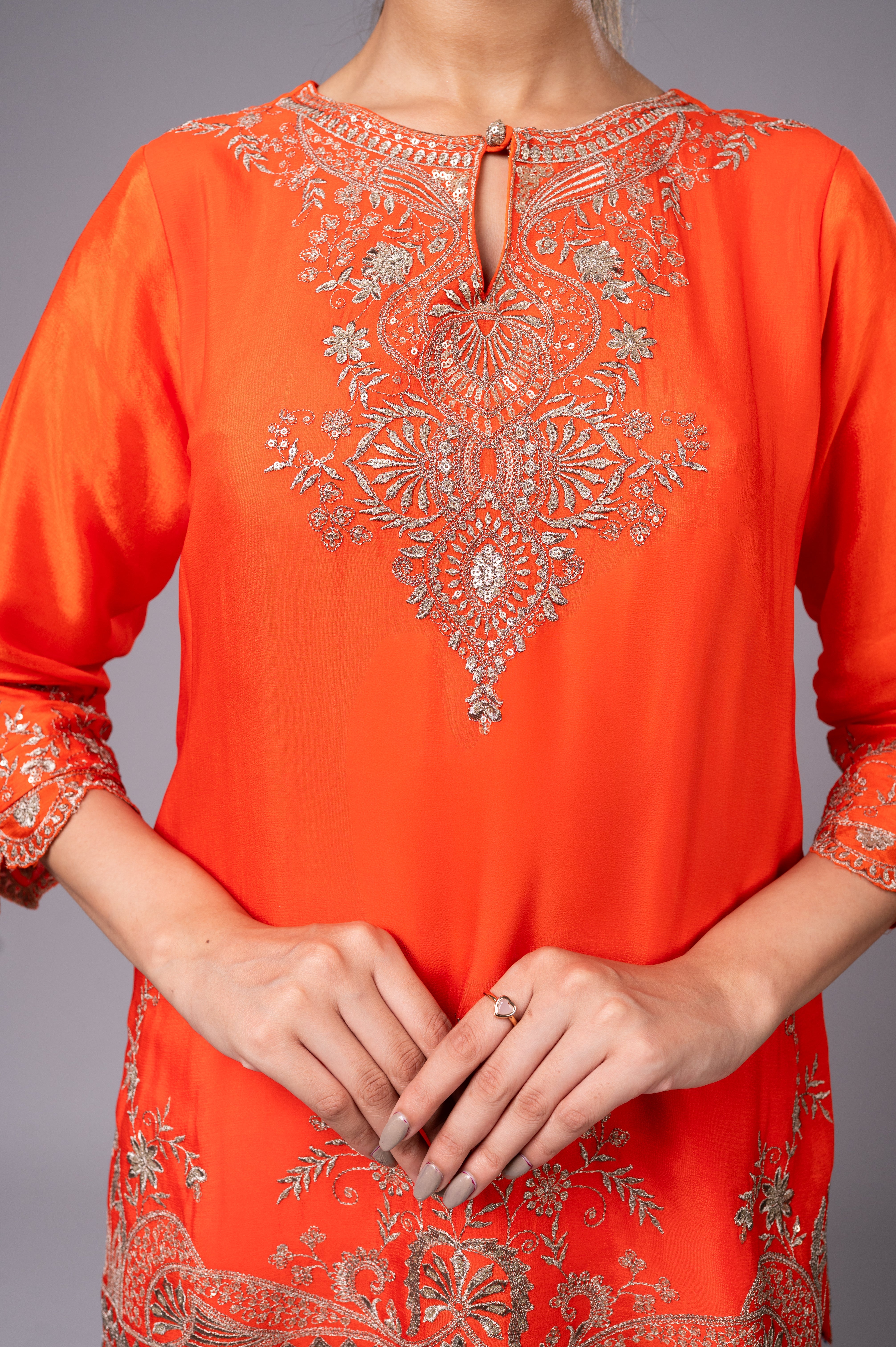 Orange Crepe Kurta Sharara Set with Golden Zari Embroidery