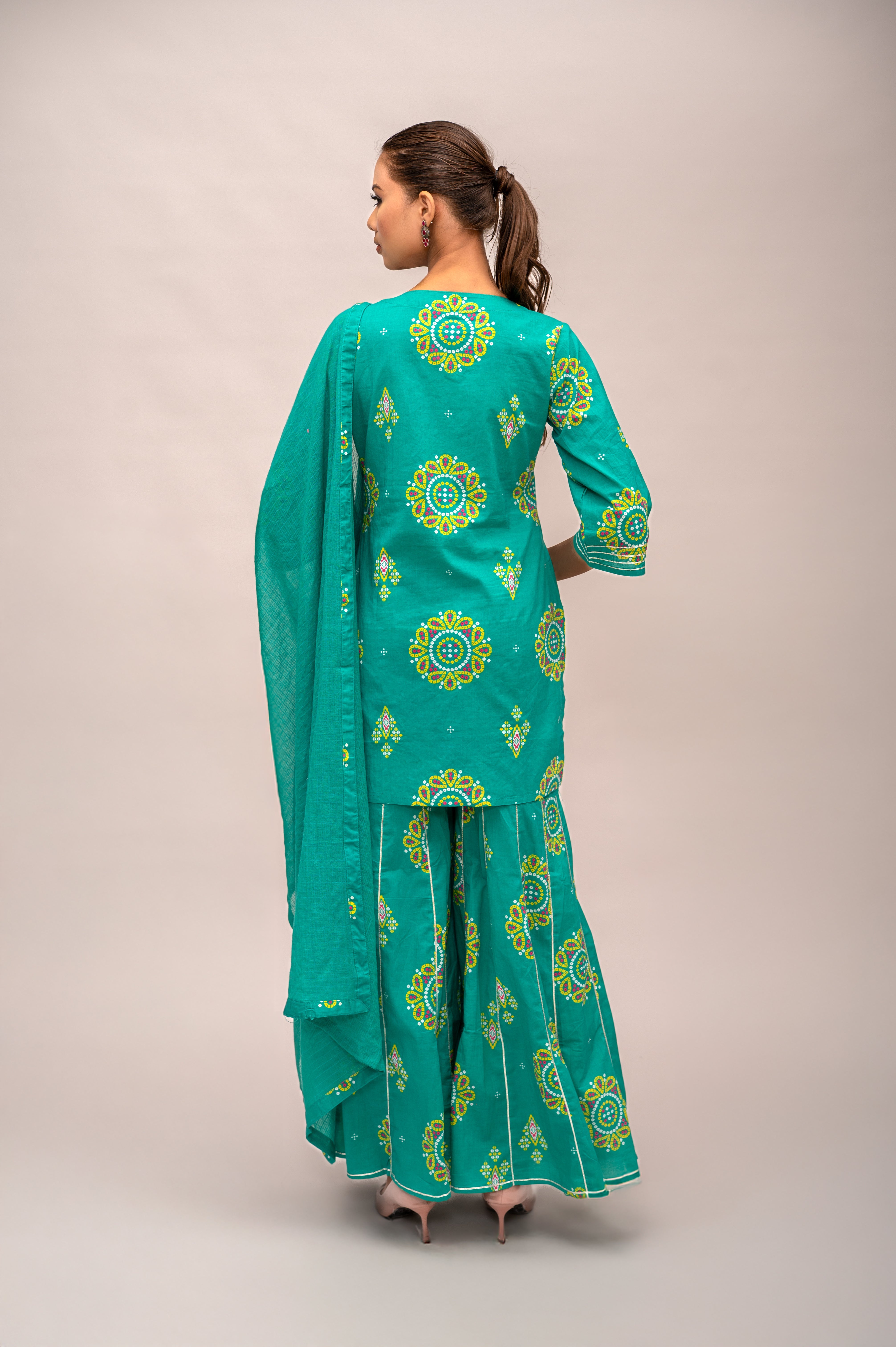 Green Mal Cotton Bandhani Print Sharara Suit with Mirror Embroidery