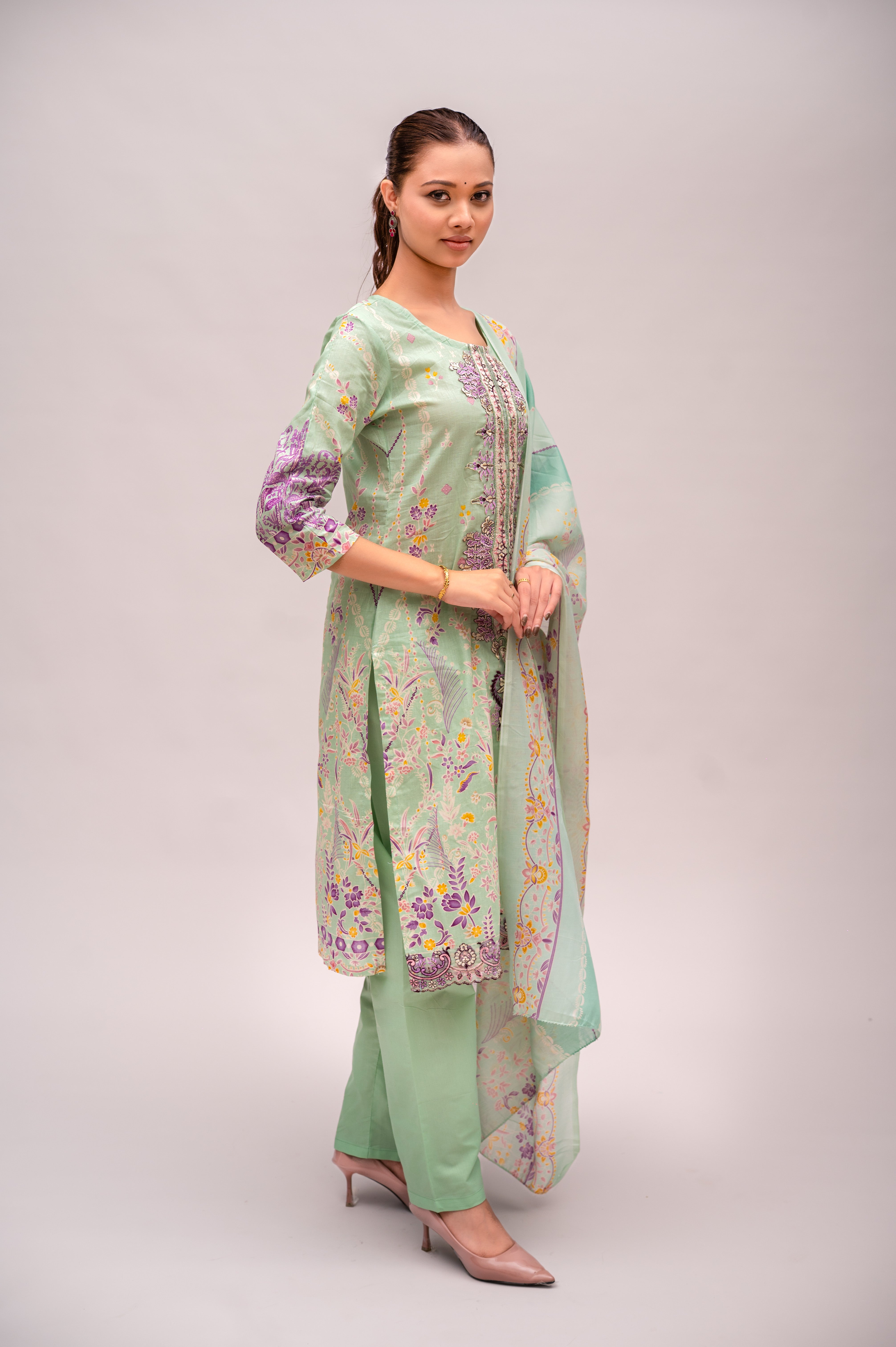 Green Cotton Lawn Suit with Embroidery with a Malmal Printed Dupatta