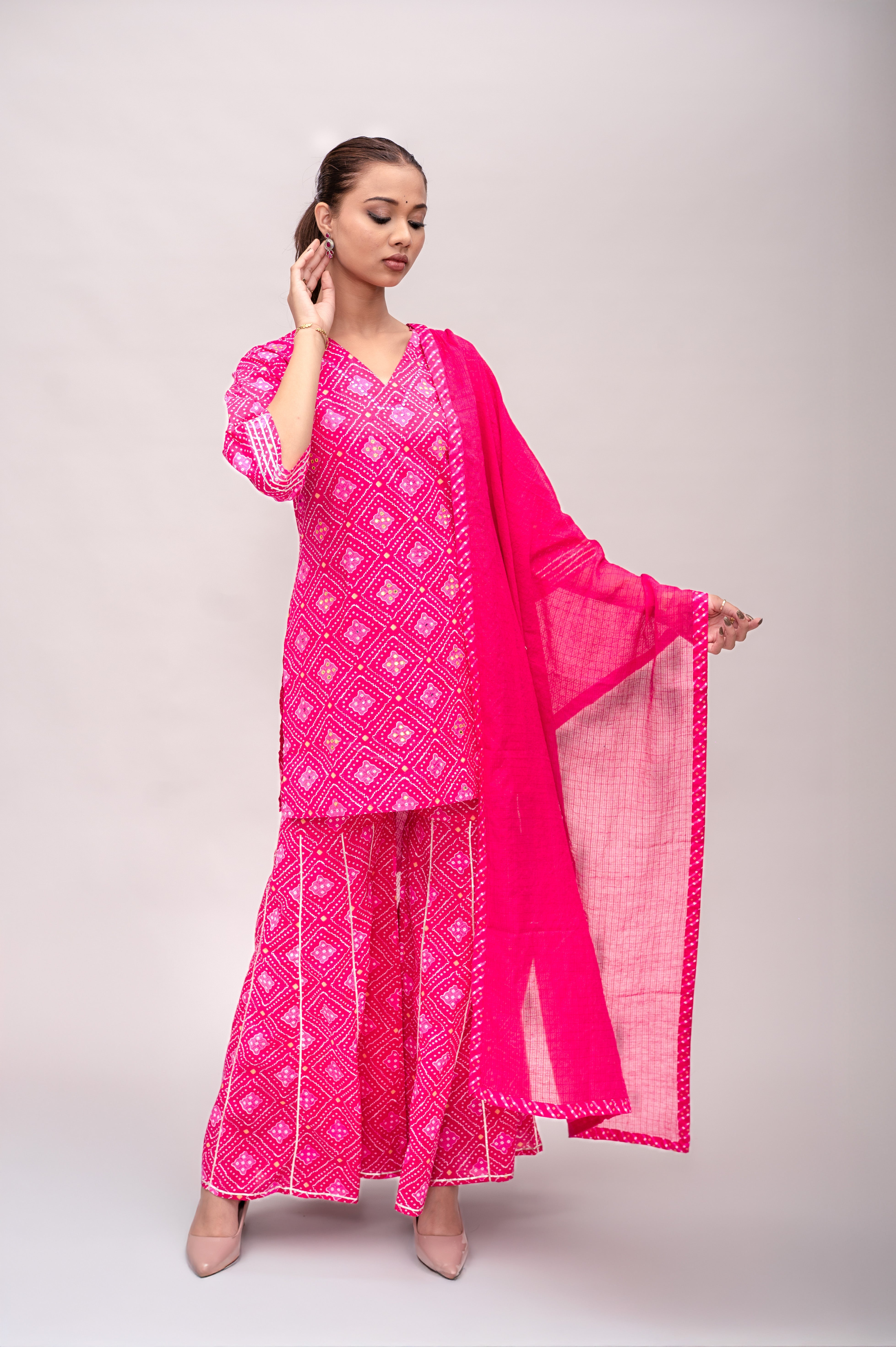 Fuchsia Pink Mal Cotton Bandhani Print Sharara Suit with Mirror Embroidery